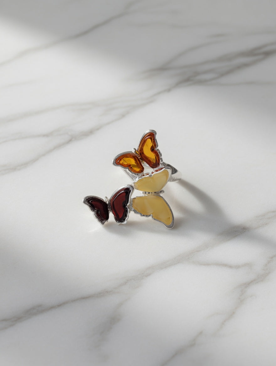 Sterling Silver Handmade Amber Multi-Butterfly Adjustable Ring