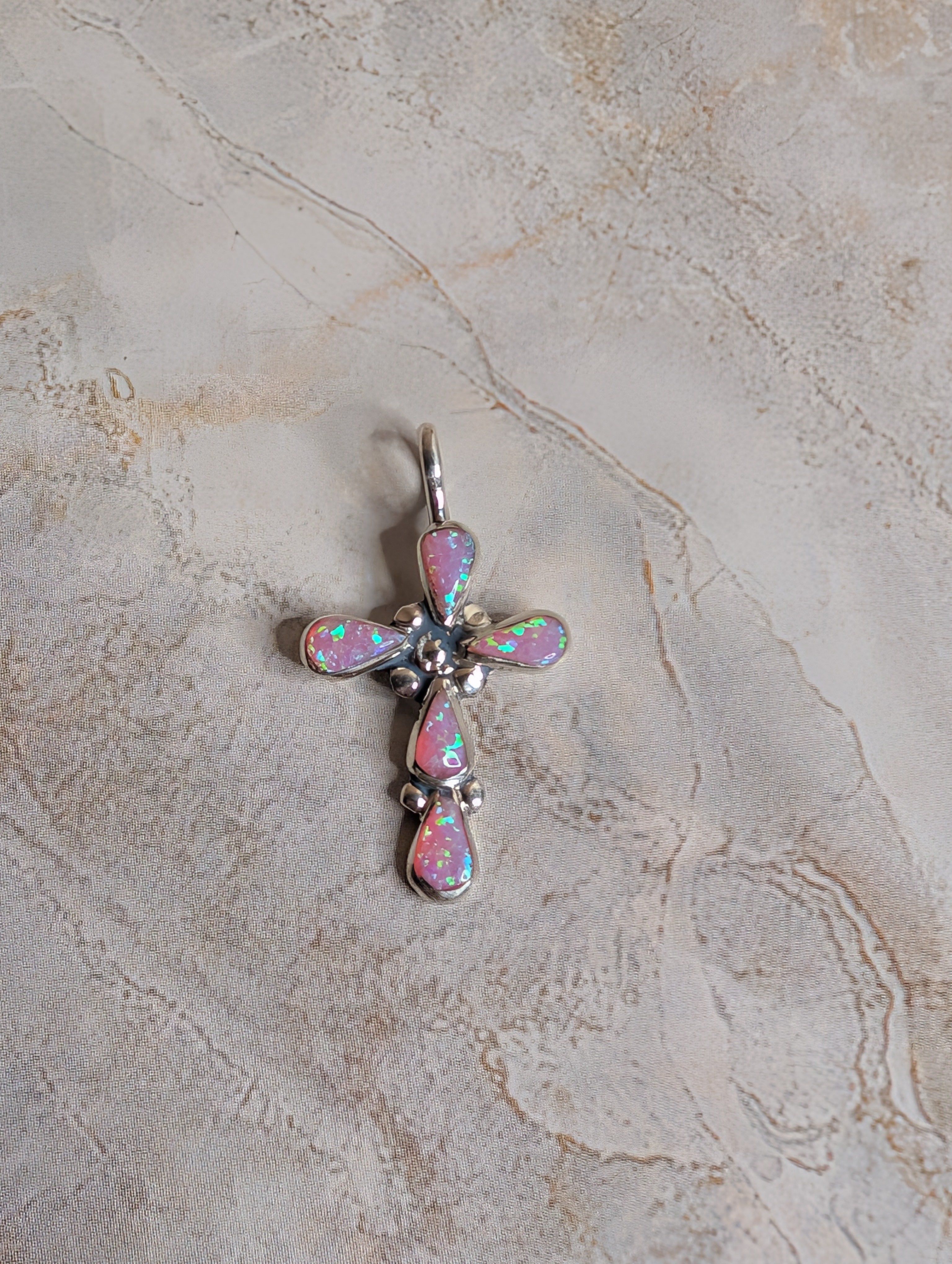 Handcrafted Pink Fire Opal Sterling Silver Cross Pendant
