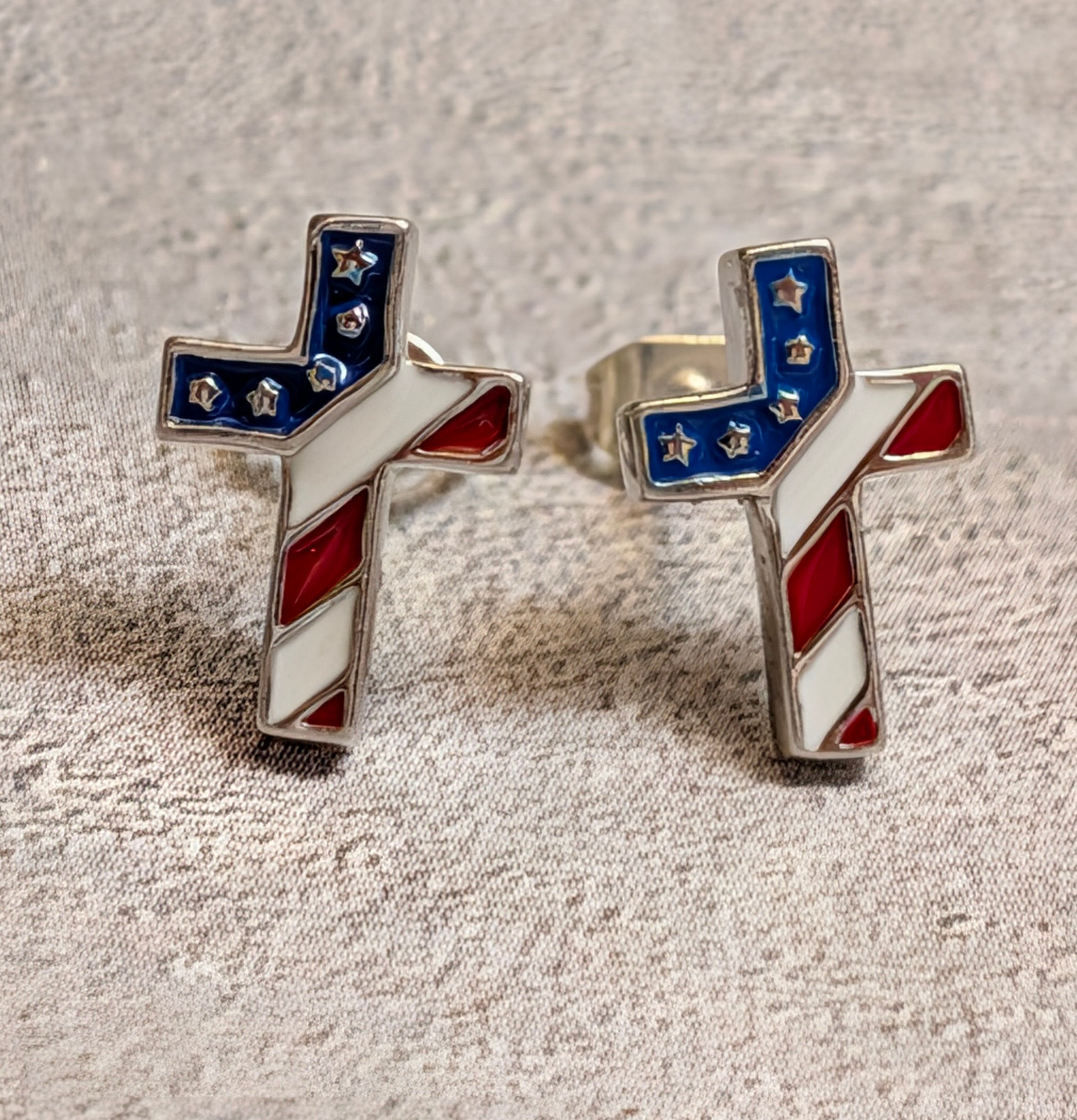 "Fourth Of July" American Flag Cross Sterling Silver Stud Earrings