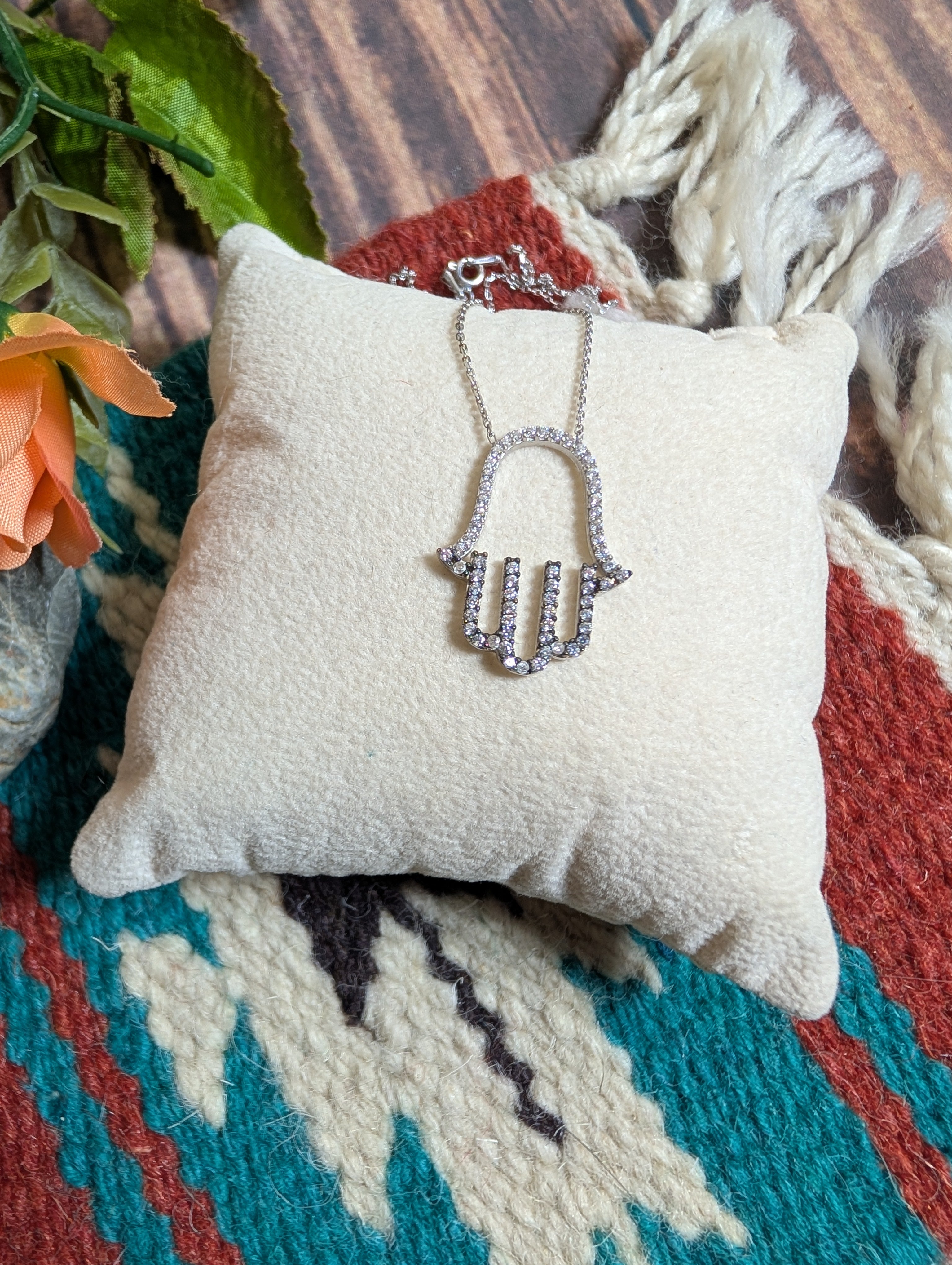 CZ Hamsa Hand Outline Medium Sized Pendant On Sterling Silver Necklace