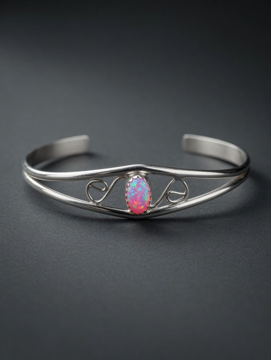 Handcrafted Sterling Silver Fire Pink Opal Kid's Cuff Bracelet –  Swirl Design