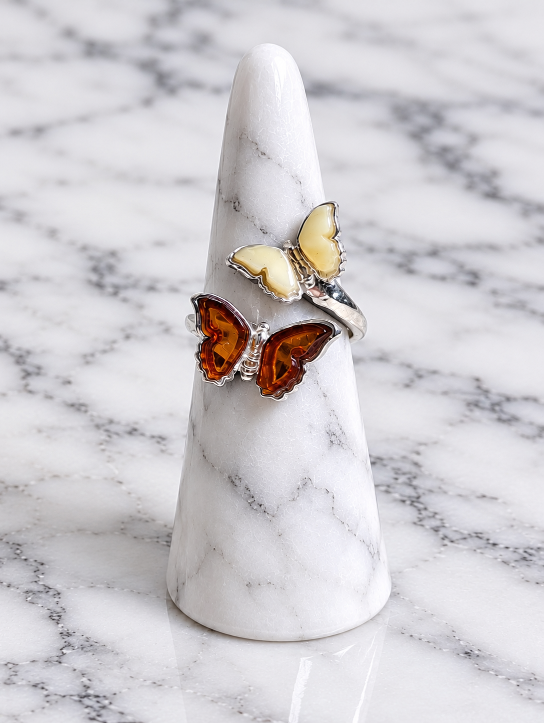 Handmade Butterfly Honey Cognac Cabochons & Sterling Silver Adjustable Ring