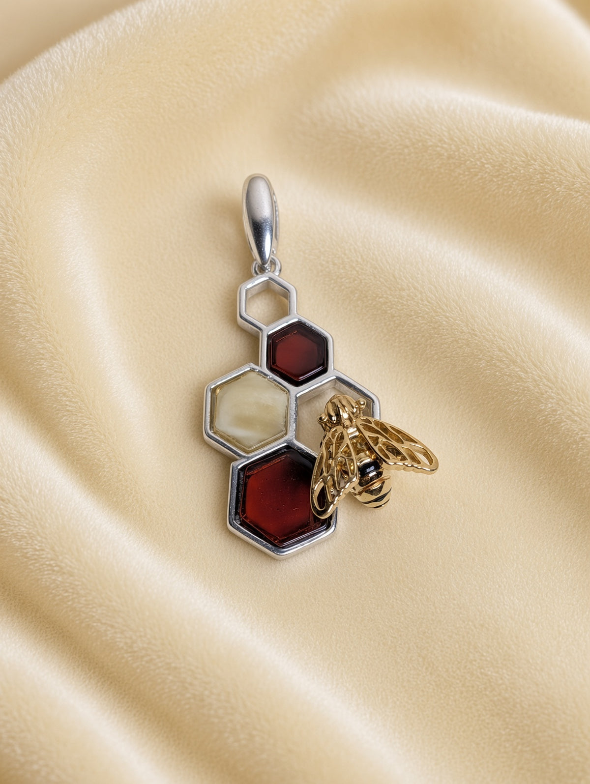 Handmade Bee Honeycomb Honey Cognac Cabochons & Sterling Silver Pendant