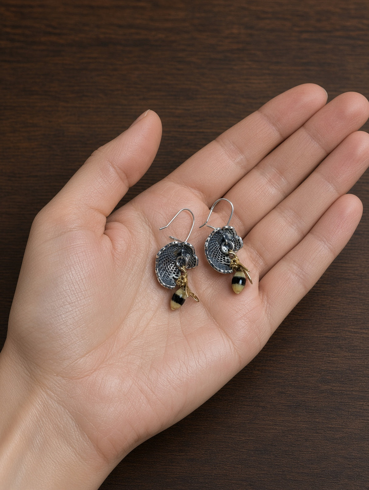Handmade Bee Honeycomb Honey Cognac Cabochons & Sterling Silver Dangle Wire Earrings