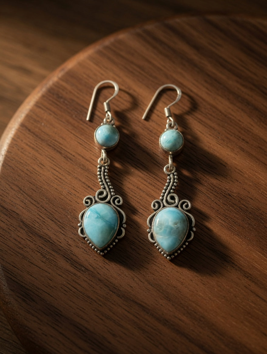 Sterling Silver Southwestern Larimar Turquoise Elegant Filigree Dangle Earrings
