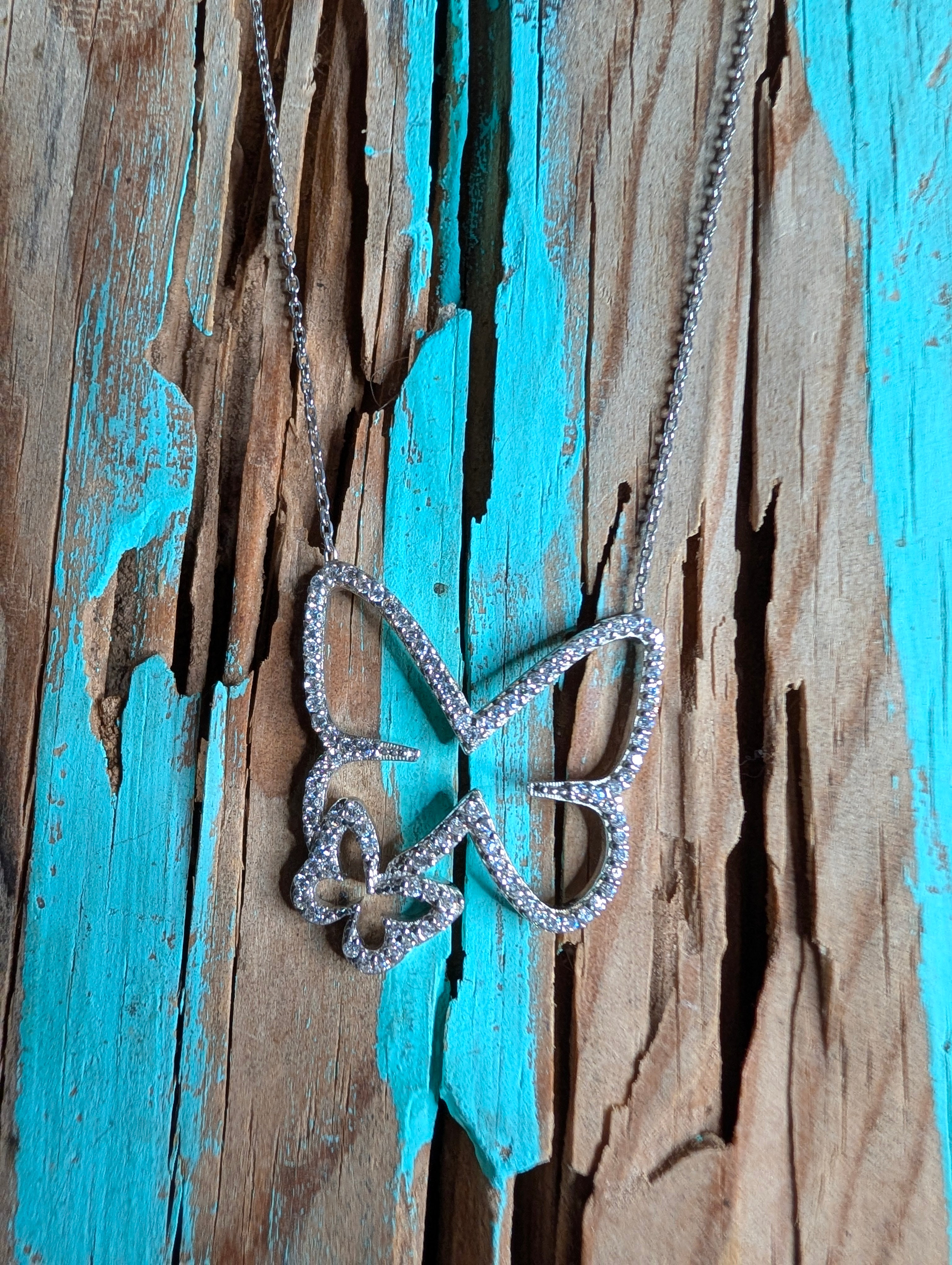 Sterling Silver CZ Double Butterfly Outline Necklace