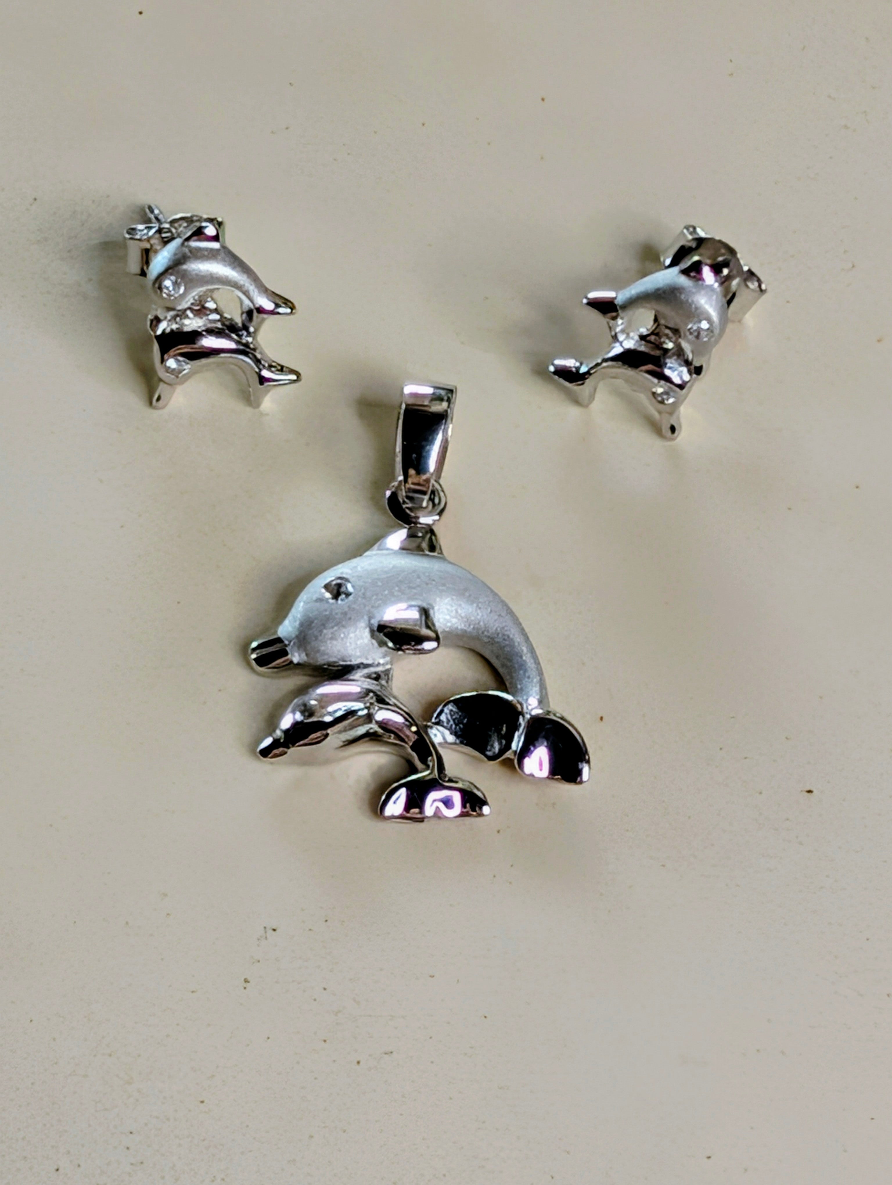 Sterling Silver CZ Double Dolphin Earrings & Pendant Jewelry Set