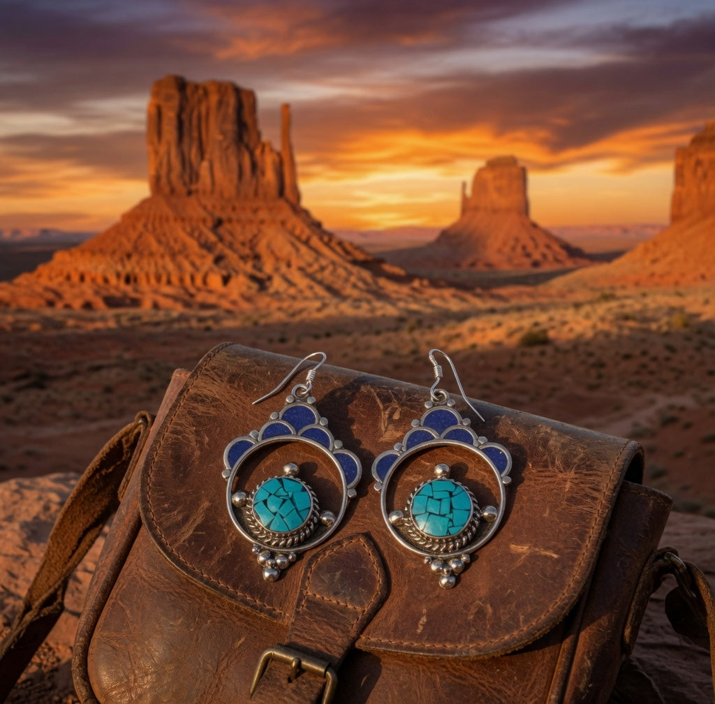 Turquoise & Cobalt Enamel Boho Drop Earrings