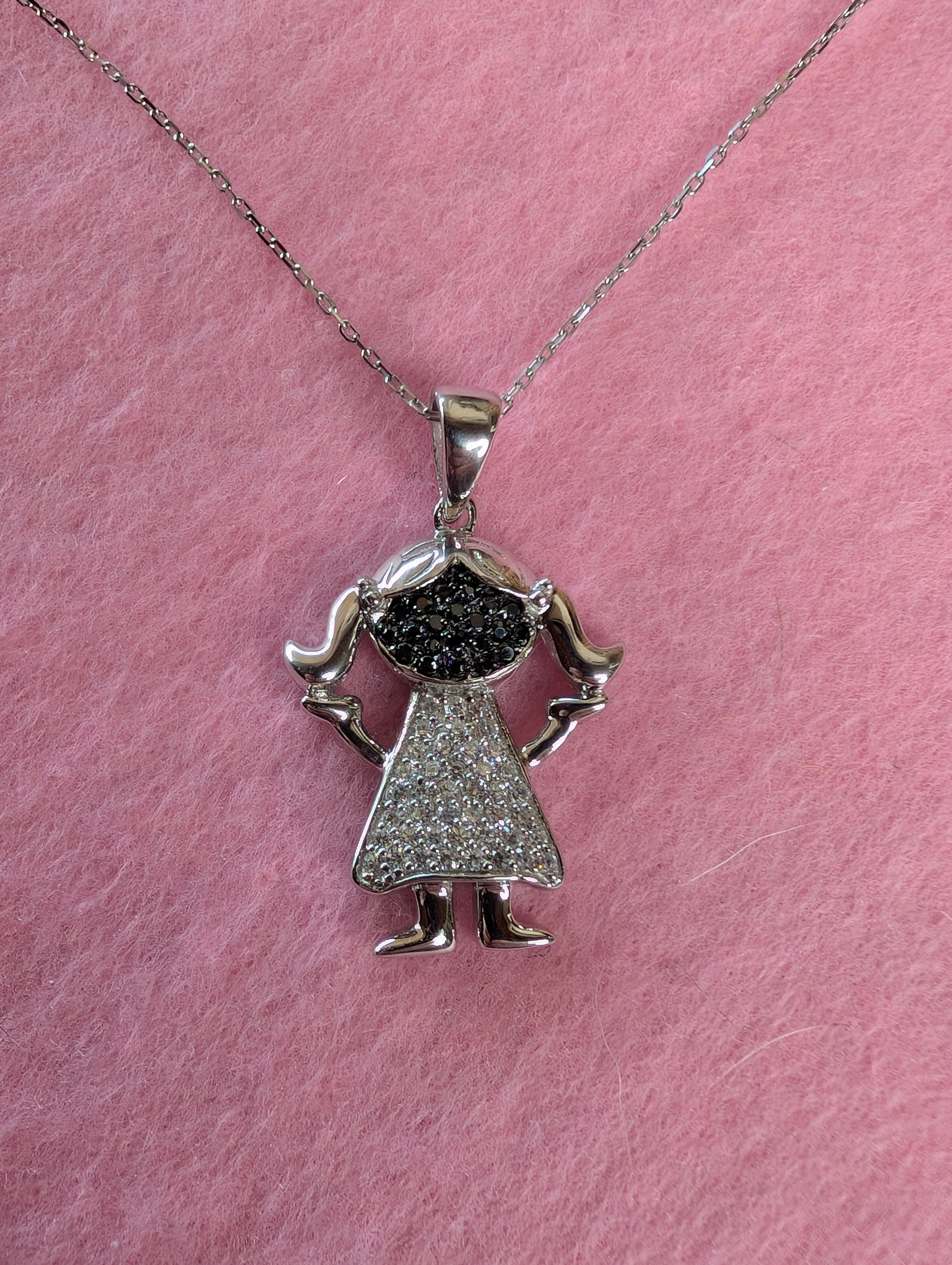 Sterling Silver Black & White CZ Girl With Pigtails Necklace