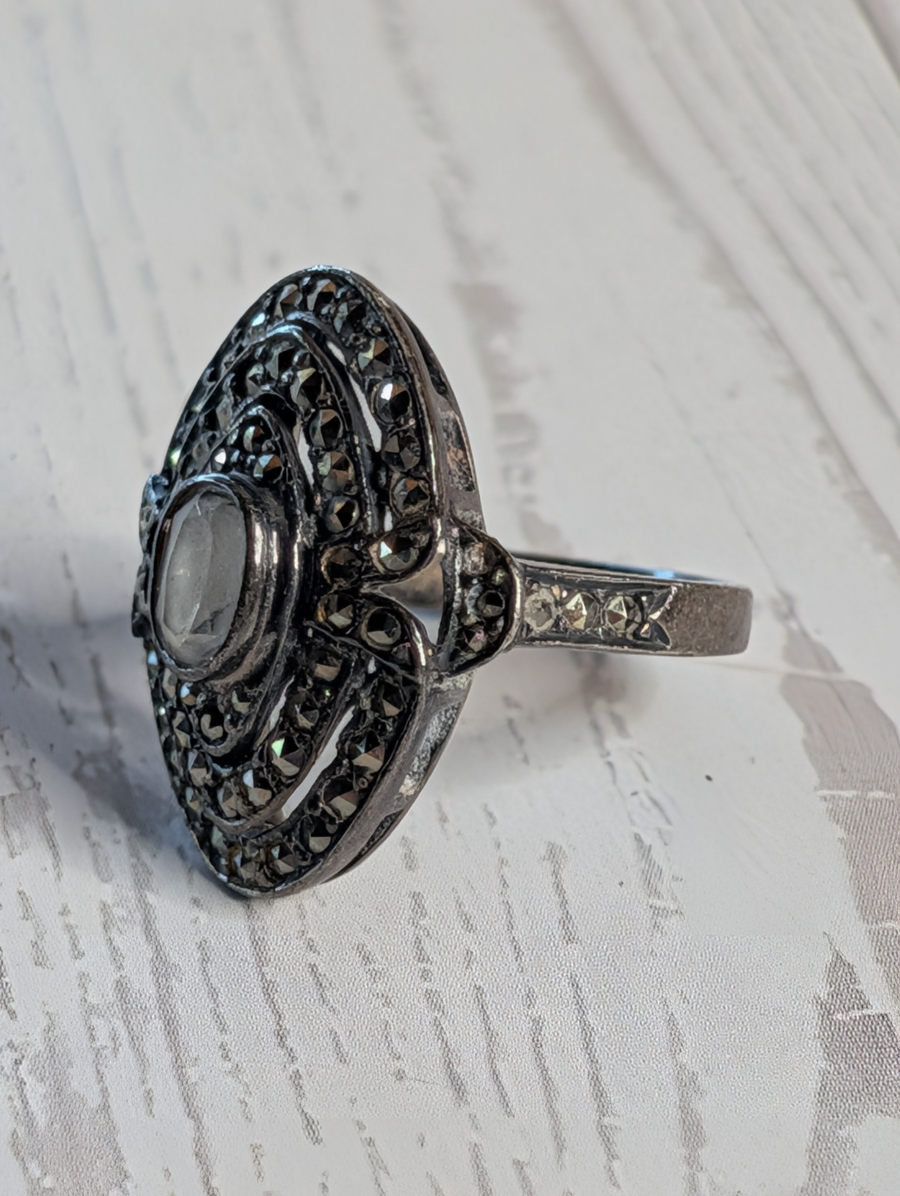 Vintage Sterling Silver Marquise Moonstone With Marcasite Accents Ring Size 7