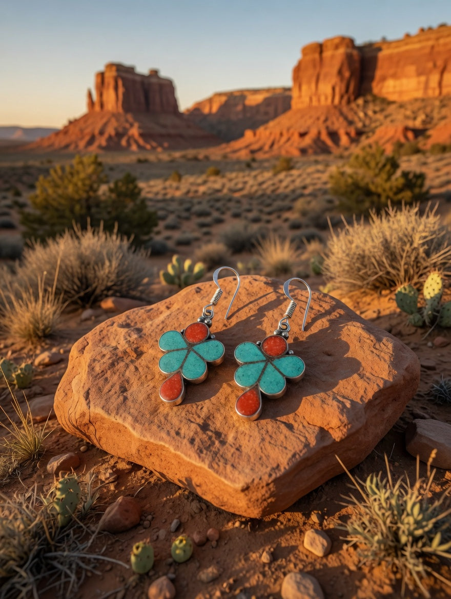 Turquoise & Coral Flower Shape  Vintage Silver Dangle Earrings