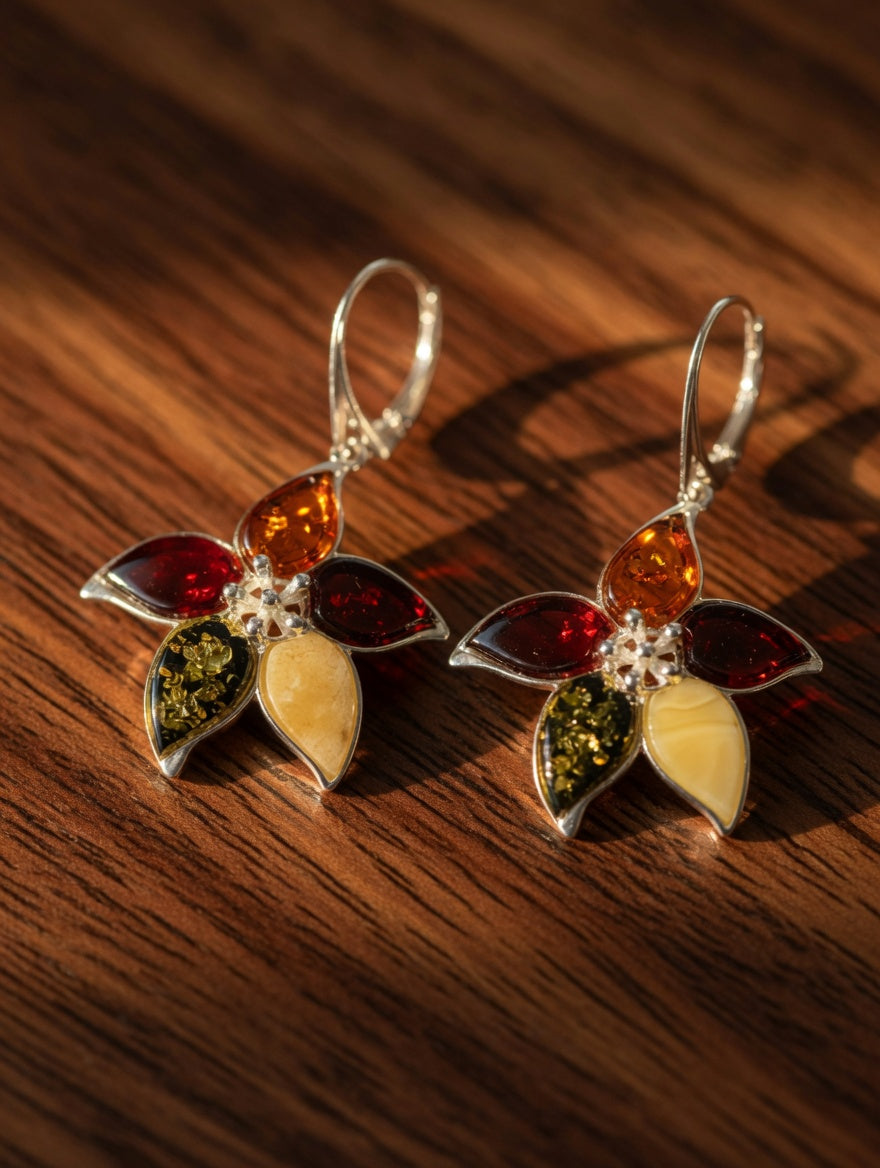 Multicolor Amber Handmade Sterling Silver Flower Leverback Earrings