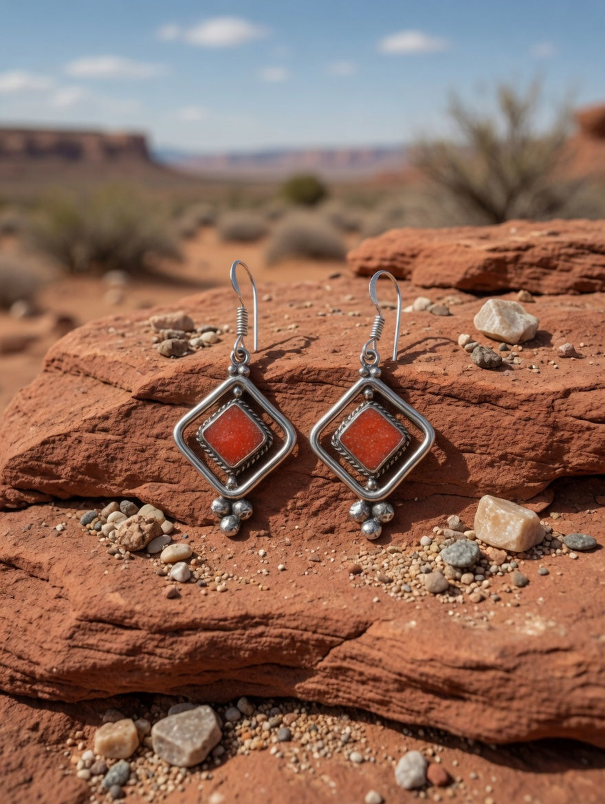 Vintage Southwestern Coral & Silver Dangle Earrings