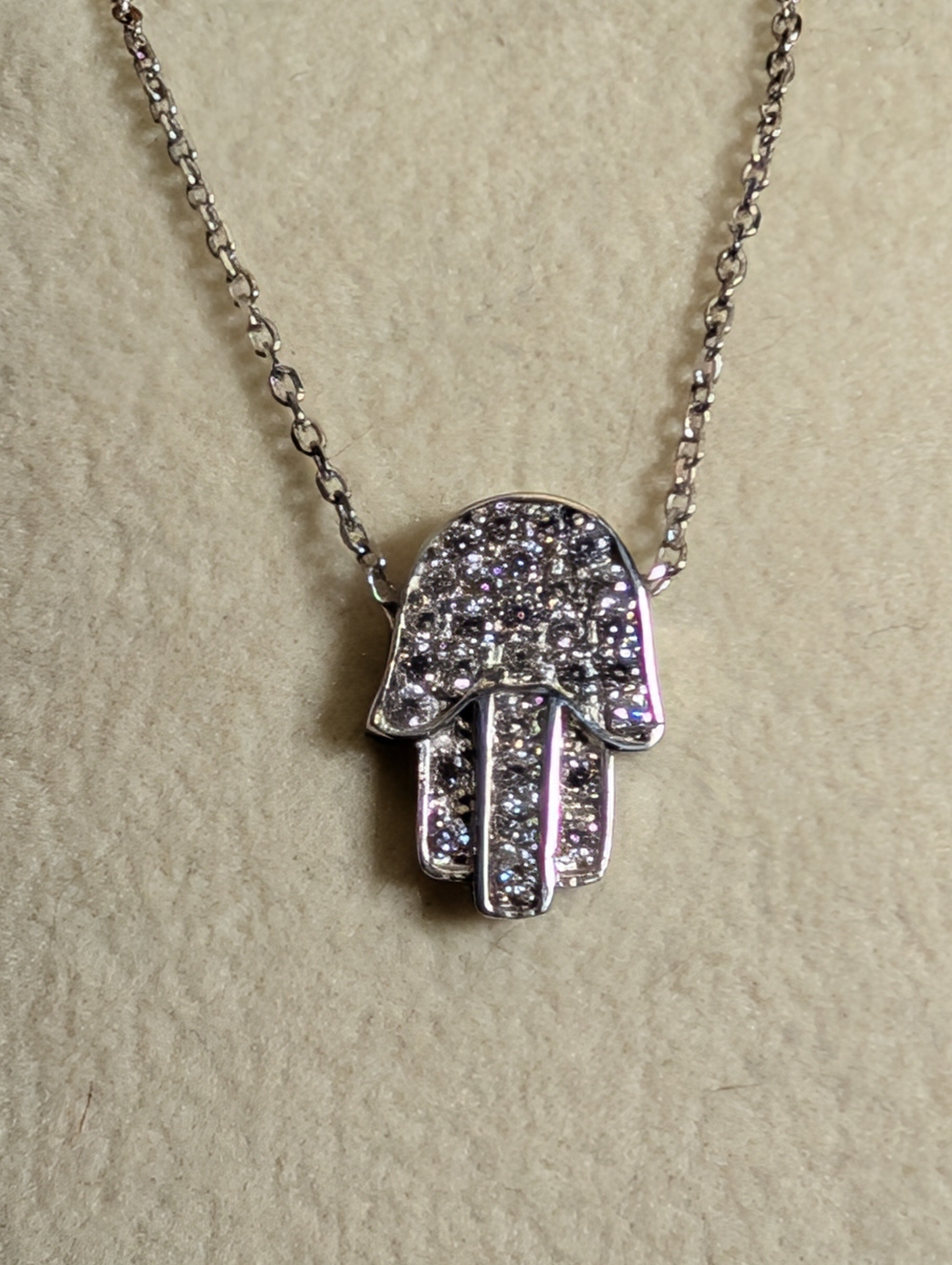 Hamsa Hand CZ Pendant On Sterling Silver Necklace