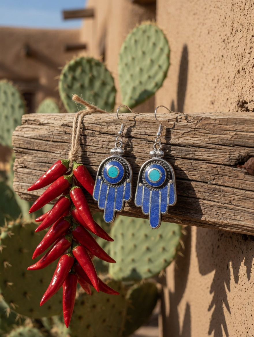 Vintage Southwestern Blue Lapis & Turquoise Silver Hamsa Hand Of Protection Dangle Earrings