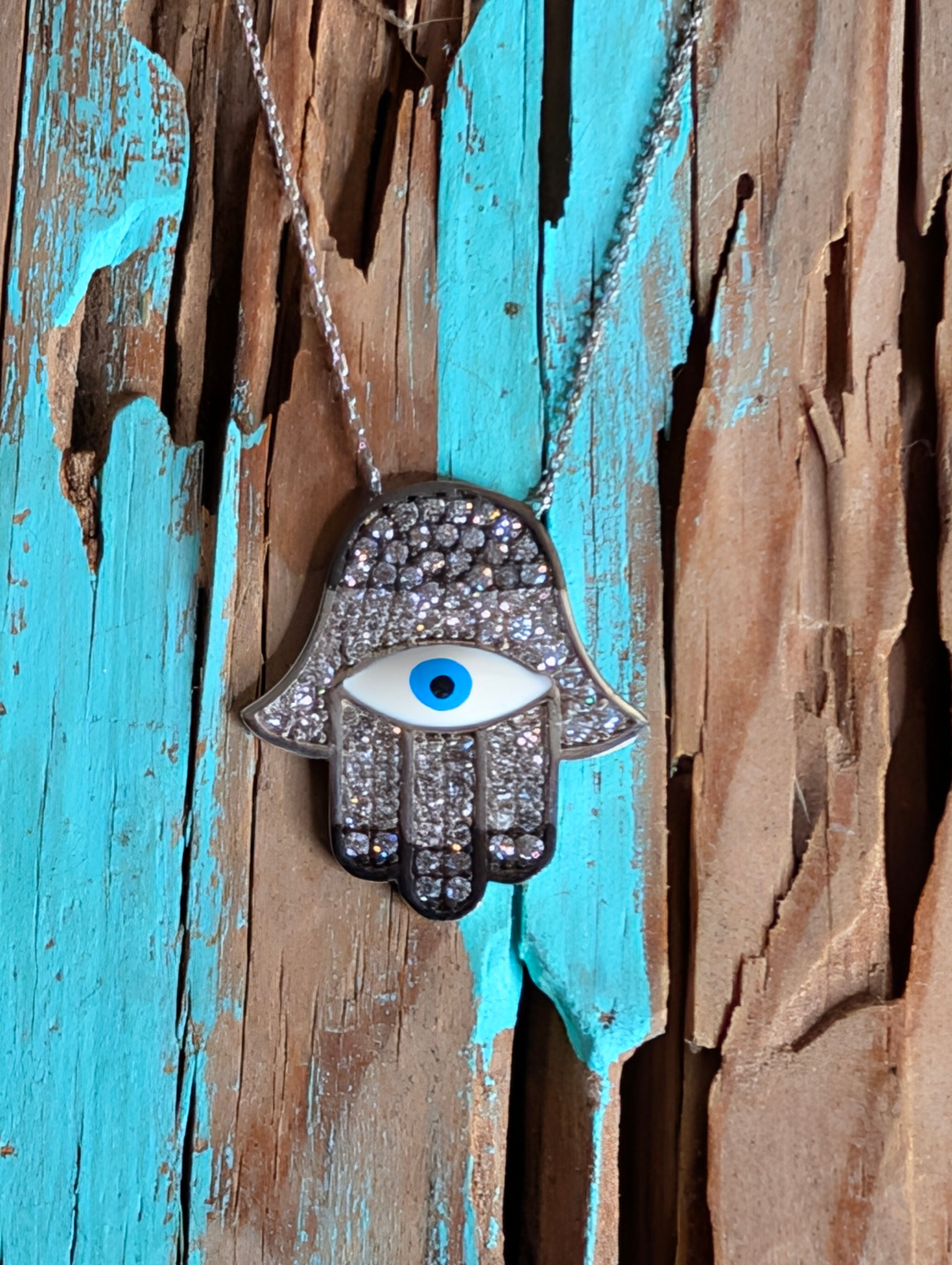 Sterling Silver CZ Blue Evil Eye Squid Hand Pendant Necklace