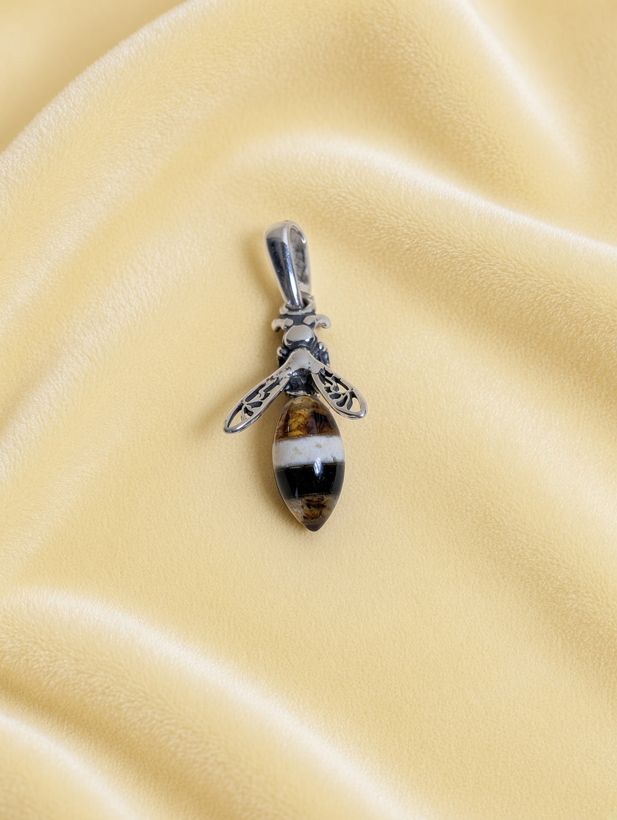 Handmade Bee Honey Cognac Cabochon & Sterling Silver Pendant Variant B01