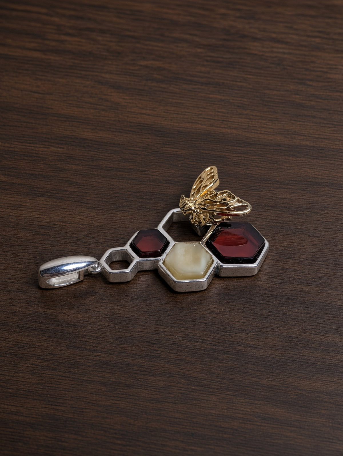 Handmade Bee Honeycomb Honey Cognac Cabochons & Sterling Silver Pendant