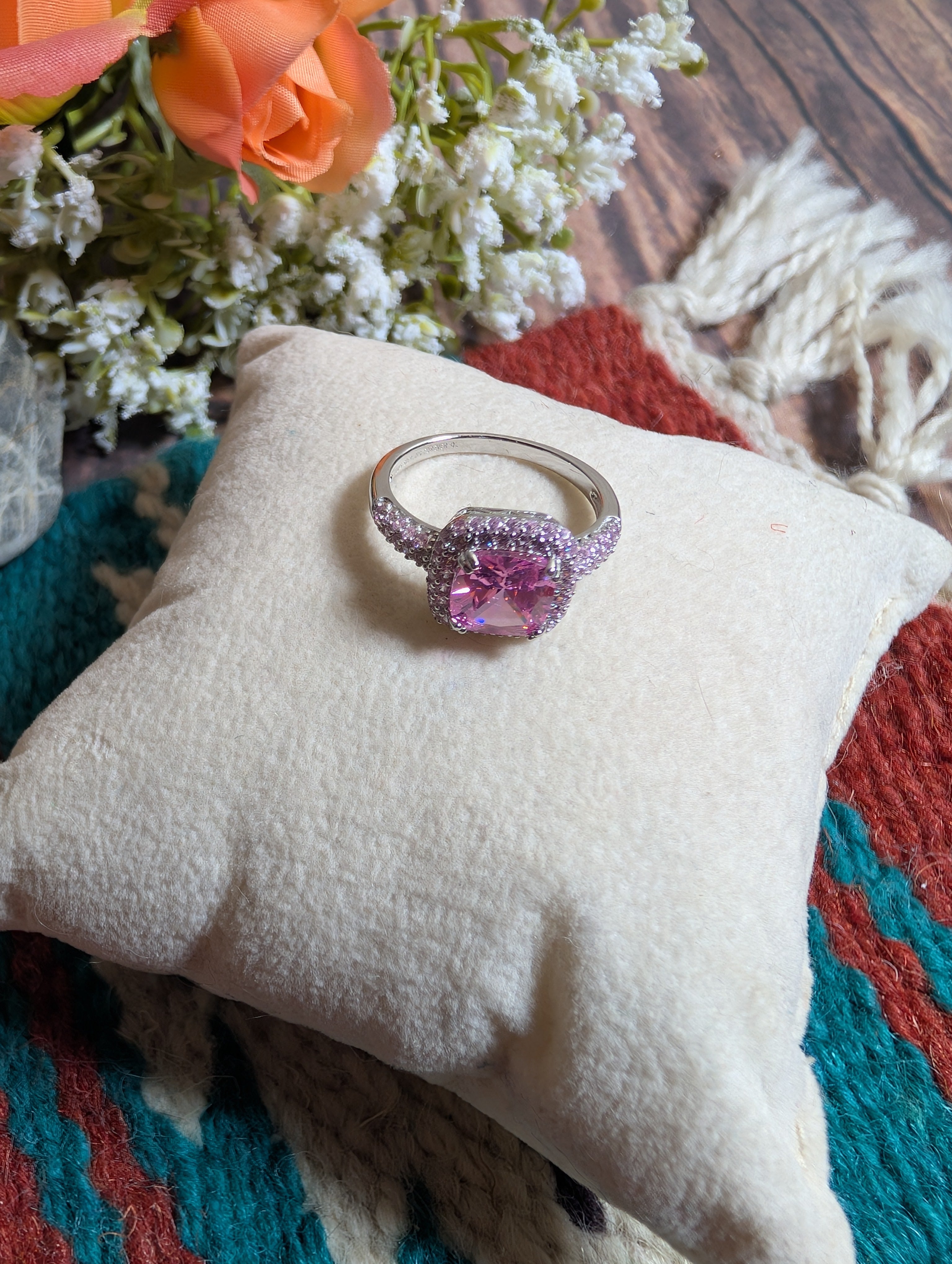 Pink CZ Princess Square-Cut Gemstone Sterling Silver Ring