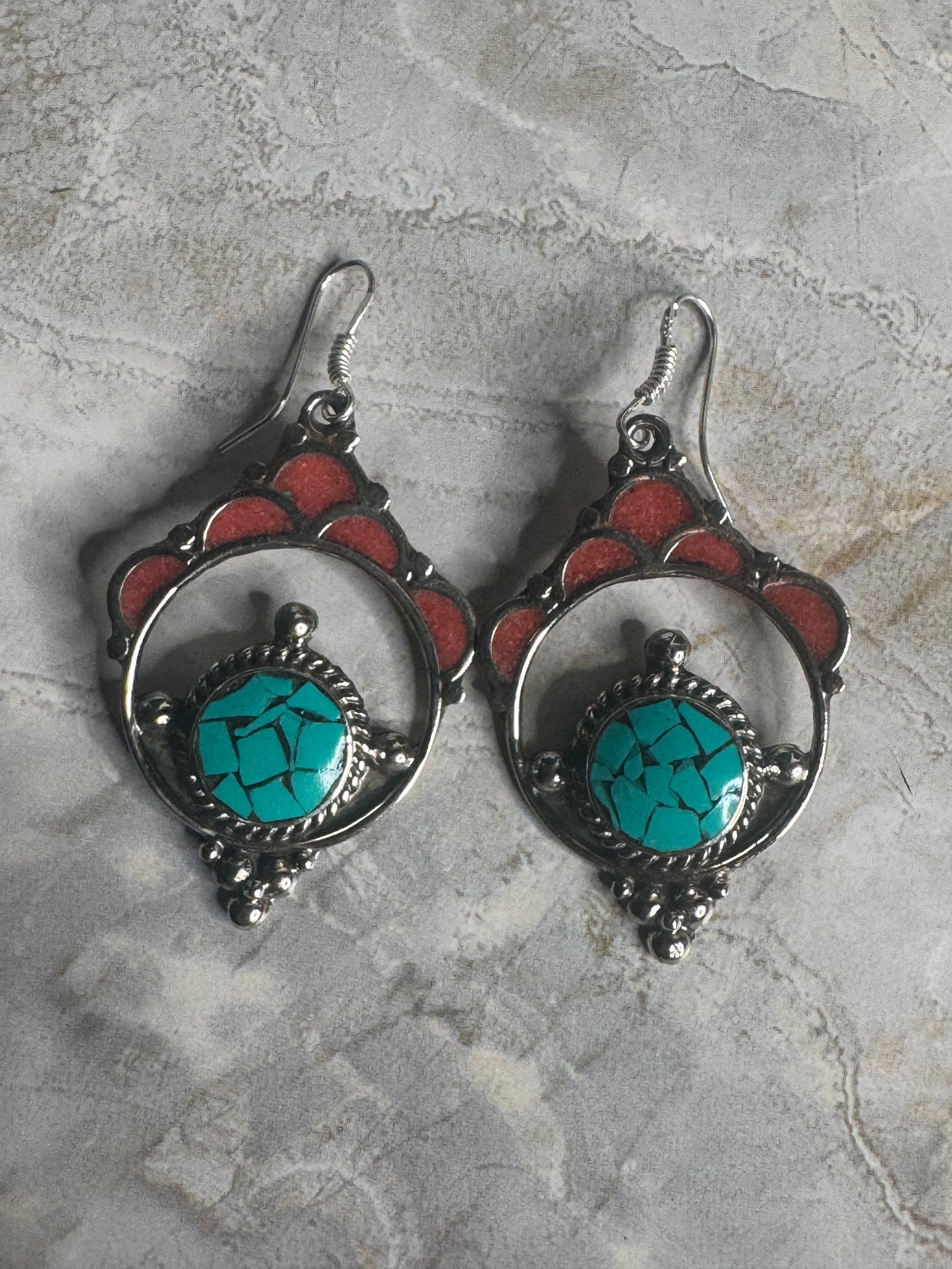 Vintage Coral & Turquoise Intricate Etched Silver Round Dangle Earrings