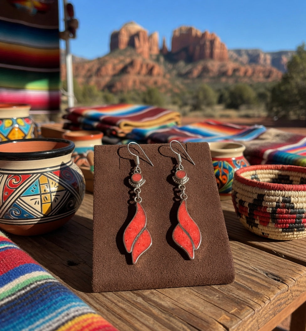 Coral & Silver Dangle Earrings