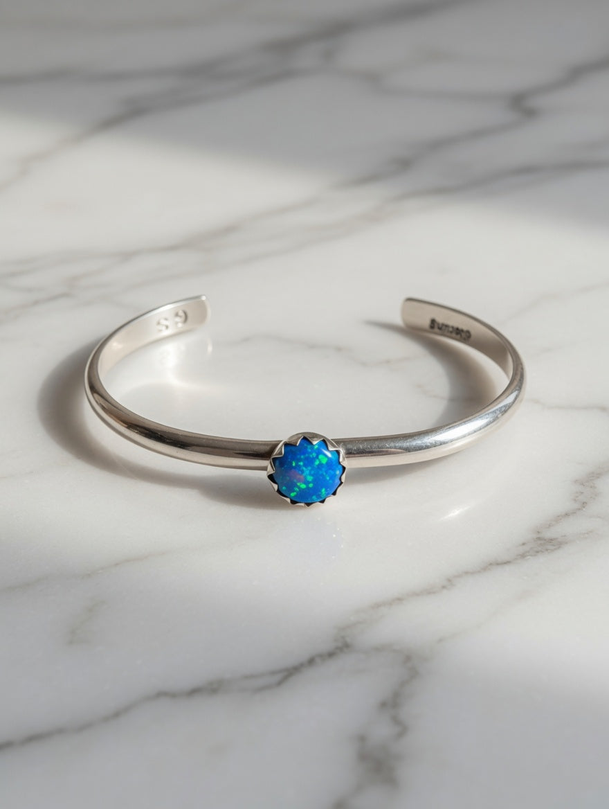 Handcrafted Sterling Silver Fiery Blue Opal Kid's Cuff Bracelet