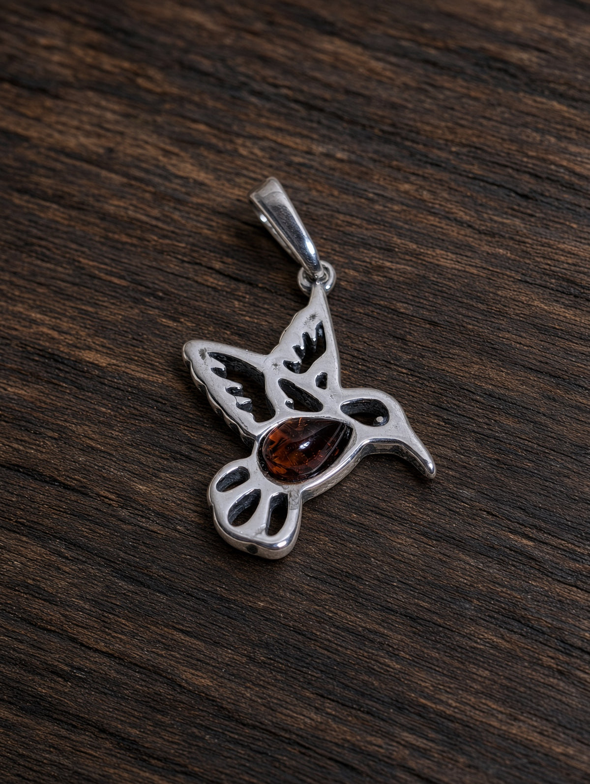 Handmade Hummingbird Orange Honey Cognac Cabochon & Sterling Silver Pendant
