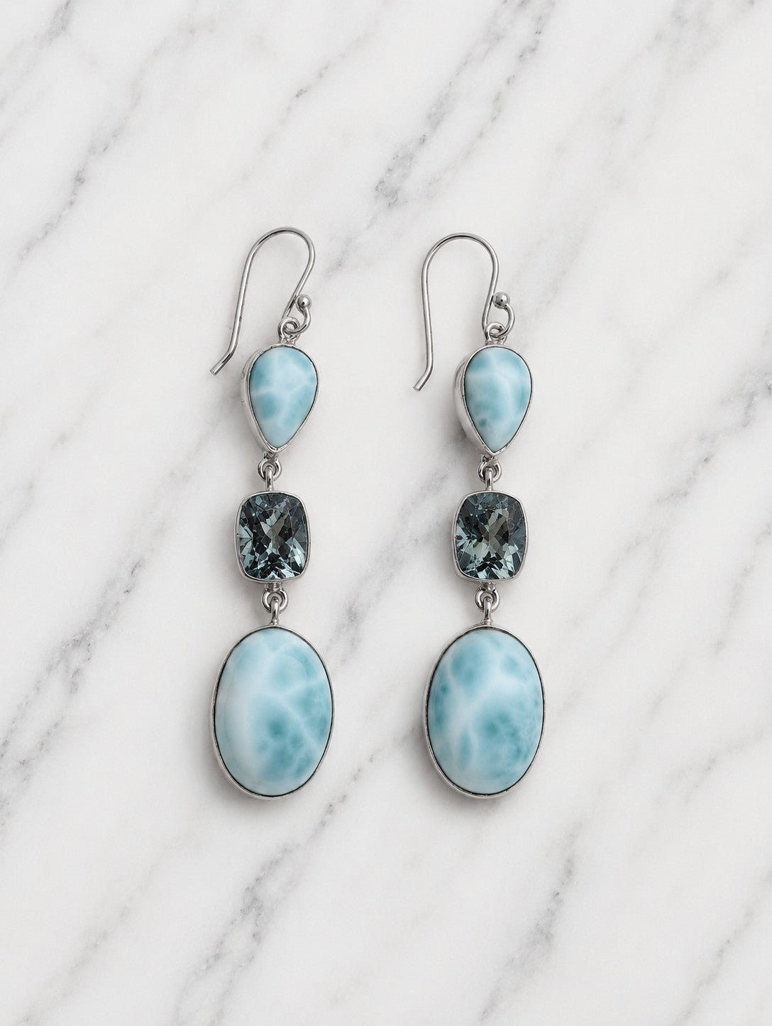 Larimar & Blue Topaz Large Three Stone Sterling Silver Dangle Earrings
