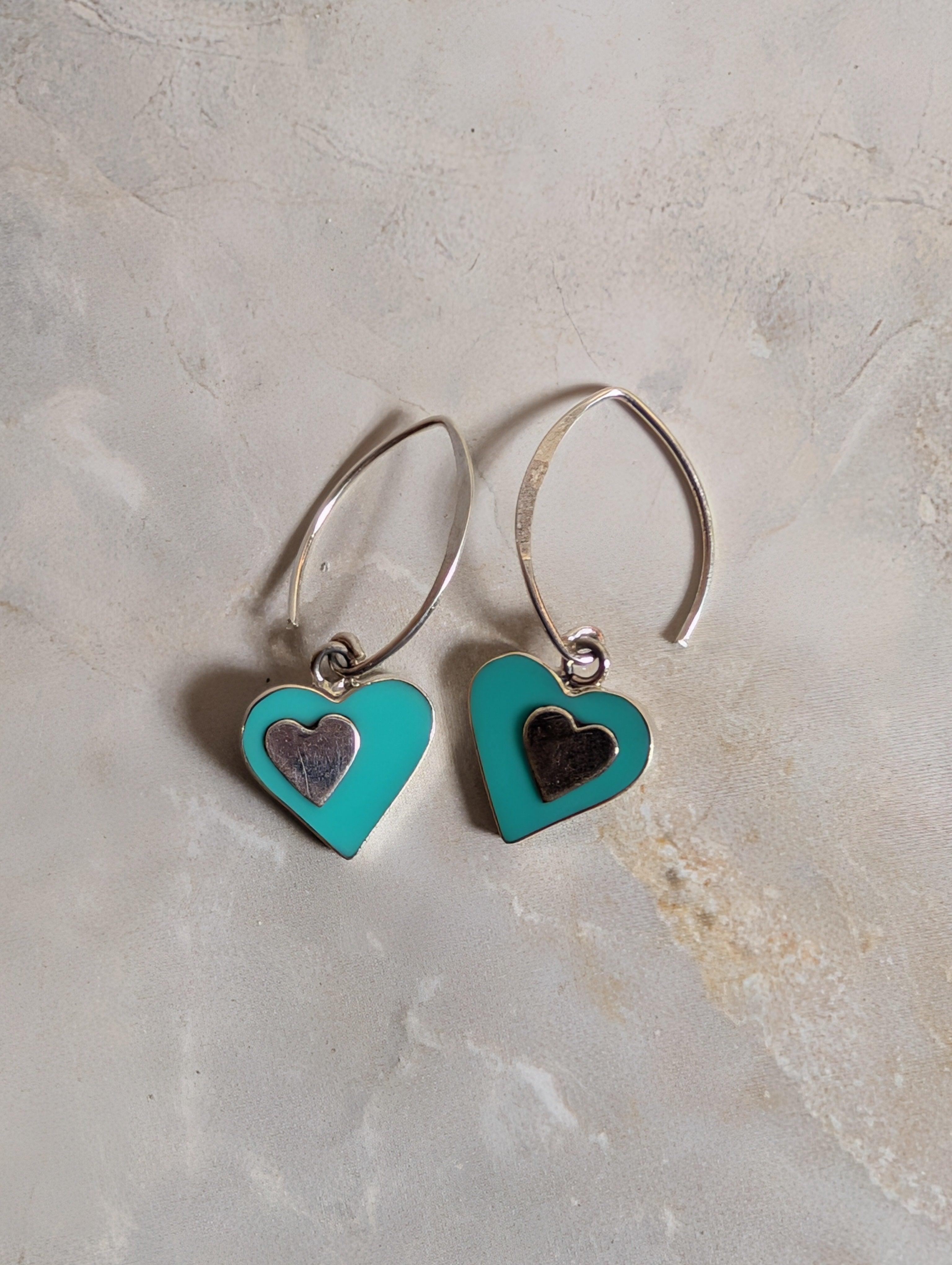 Turquoise Heart Shaped Sterling Silver Dangle Earrings With Silver Inlay