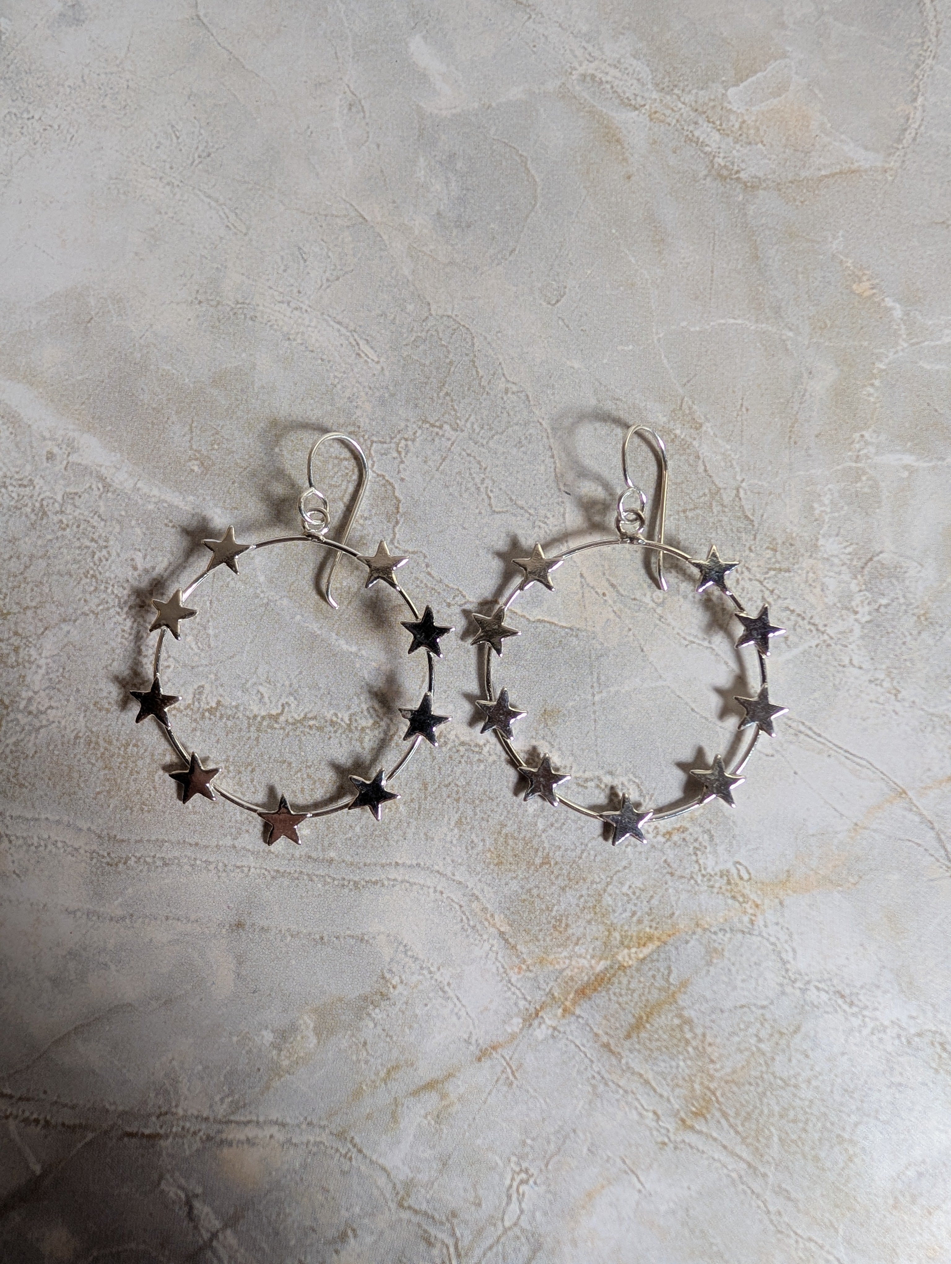Sterling Silver Round Circles With Stars Dangle Hoop Earrings