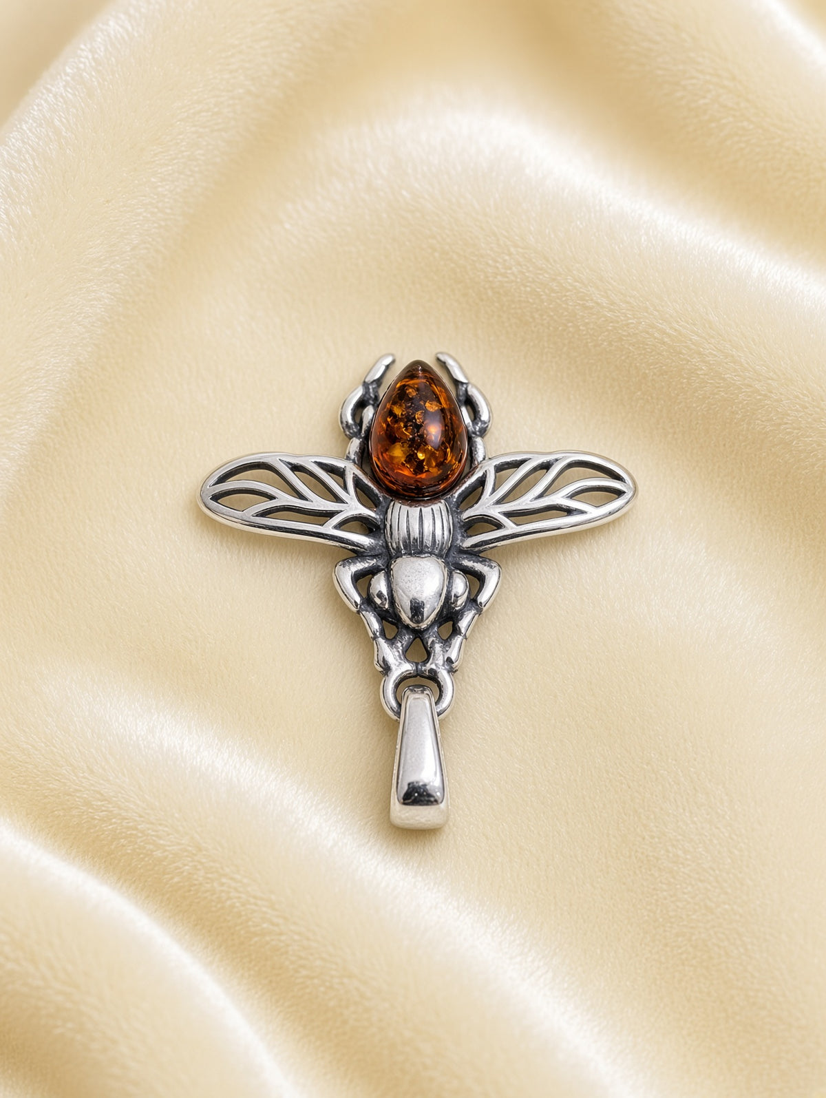 Handmade Bee Orange Honey Cognac Cabochon & Sterling Silver Pendant