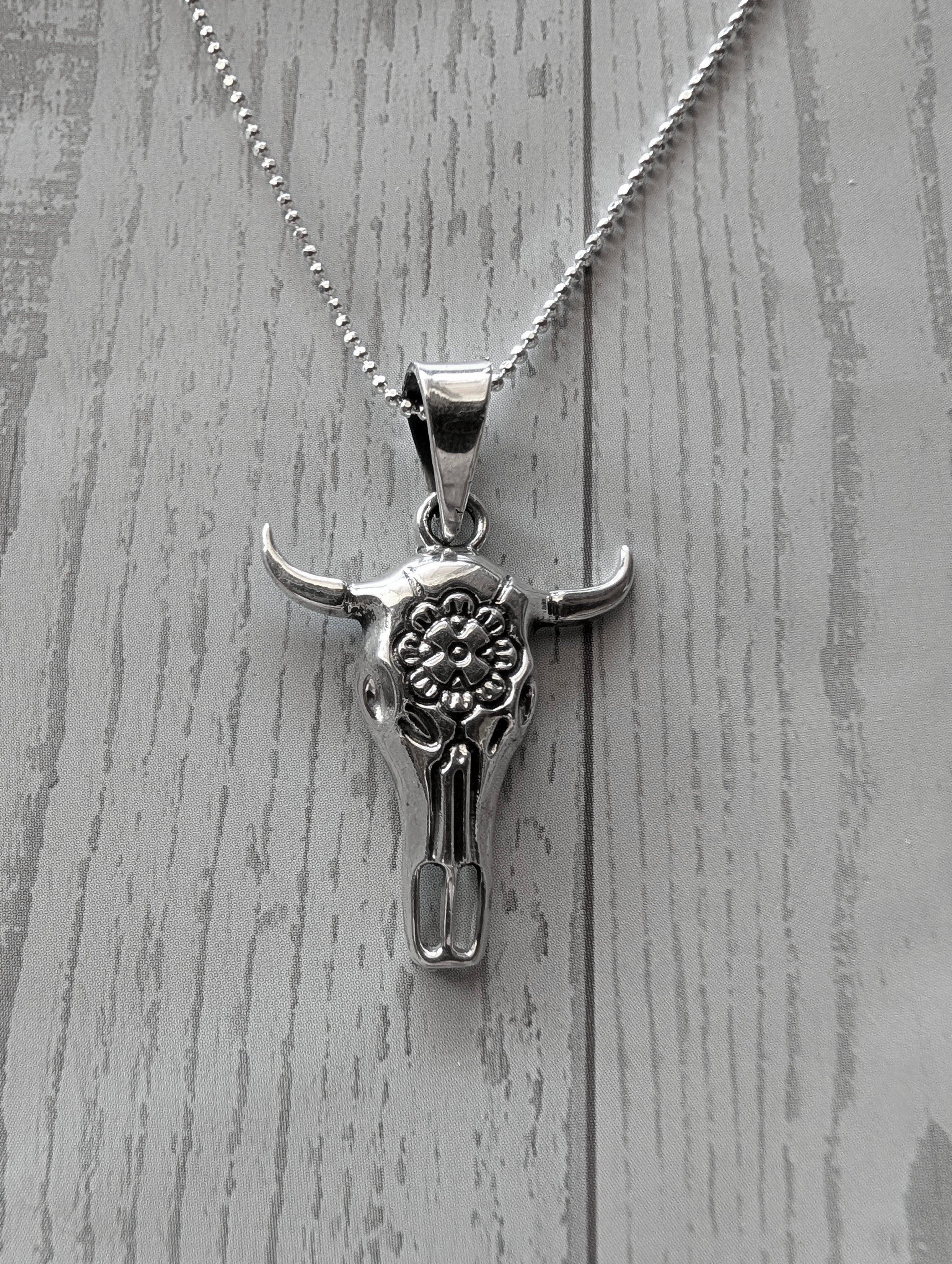Sterling Silver Tibetan Western Style Cow Skull Pendant With Floral Design