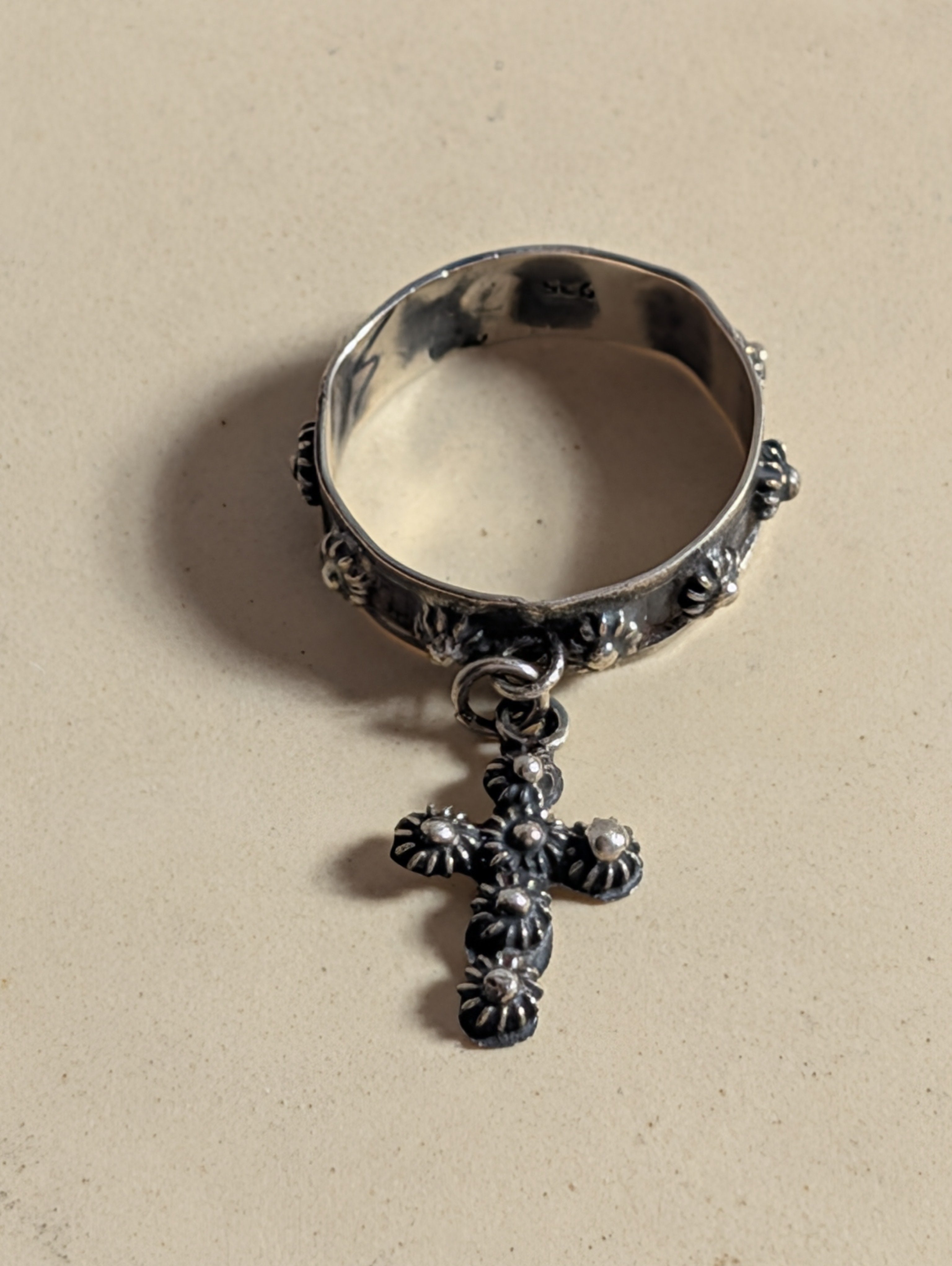 Ornate Filigree Dangle Cross Sterling Silver Charm Ring