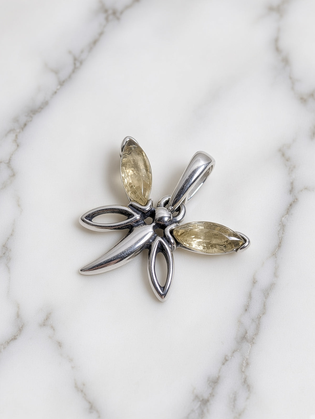Handmade Dragonfly Pale Yellow Honey Cognac Cabochon & Sterling Silver Pendant
