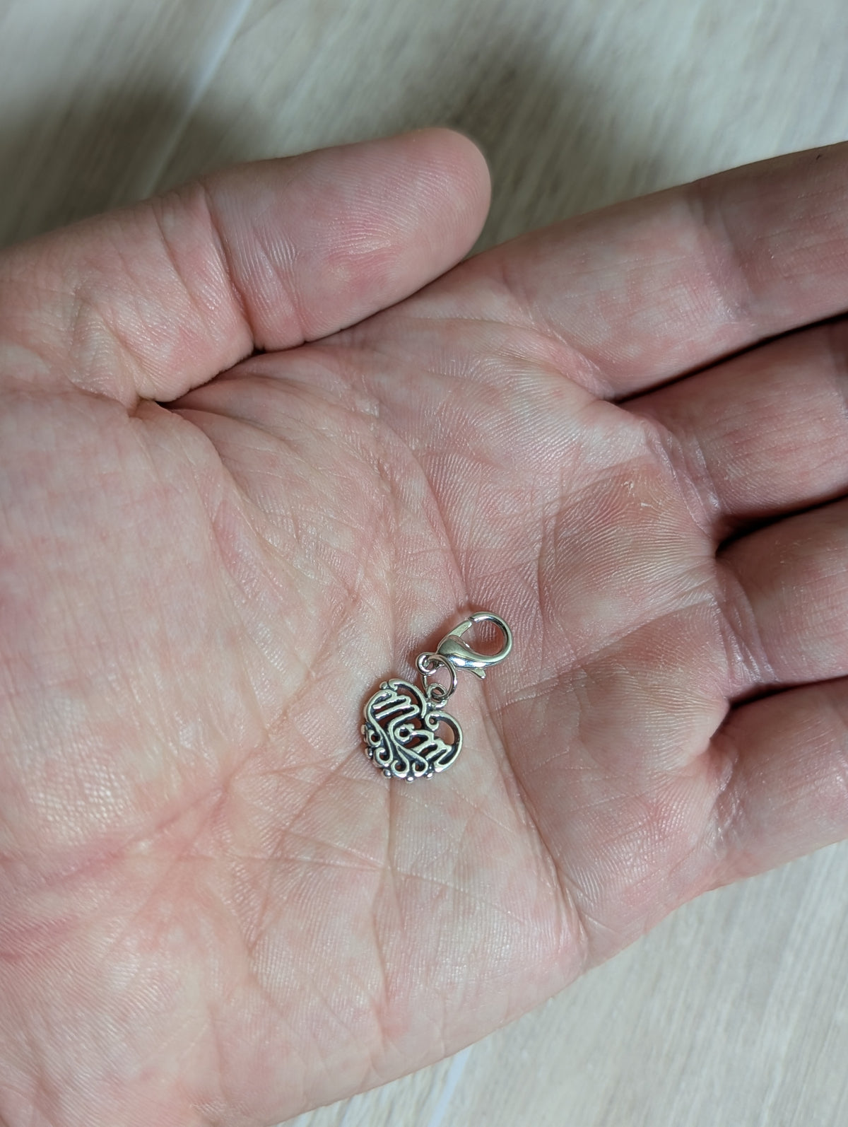 Handcrafted "Mom" Heart Shaped Charm Sterling Silver