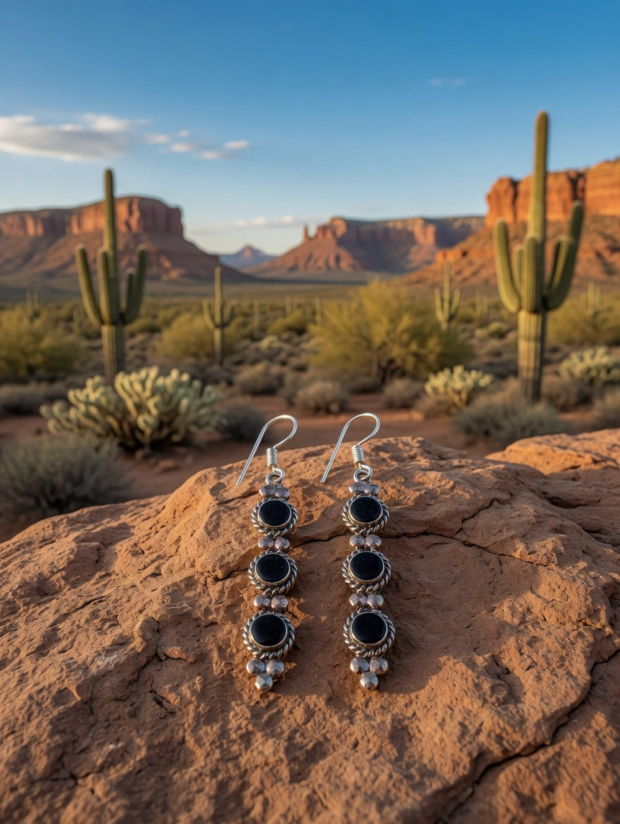 Vintage Southwestern Black Onyx & Silver Three Stone Dangle Earrings