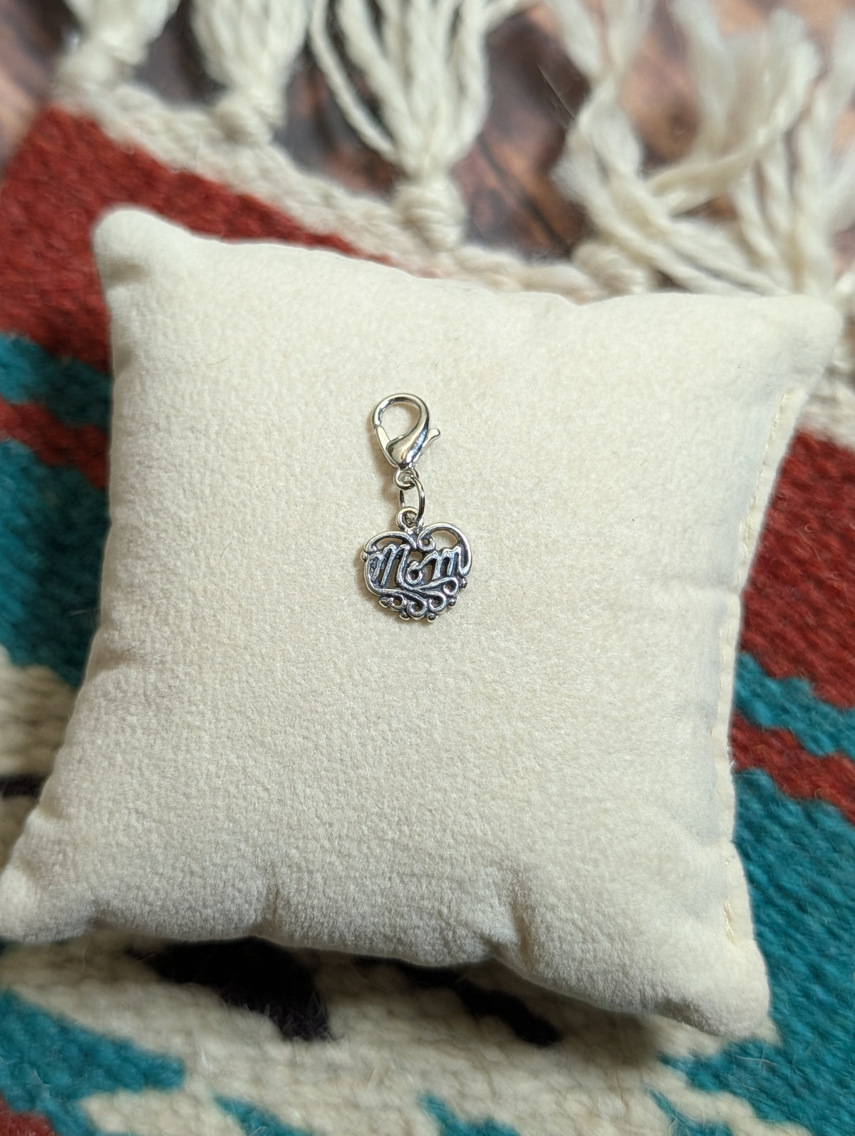 Handcrafted "Mom" Heart Shaped Charm Sterling Silver