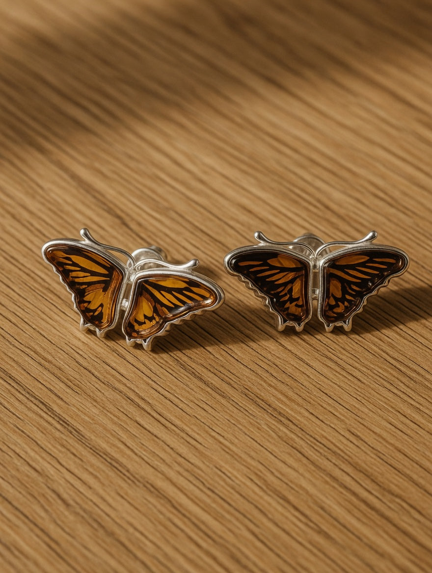 Amber Handmade Sterling Silver Butterfly Earrings