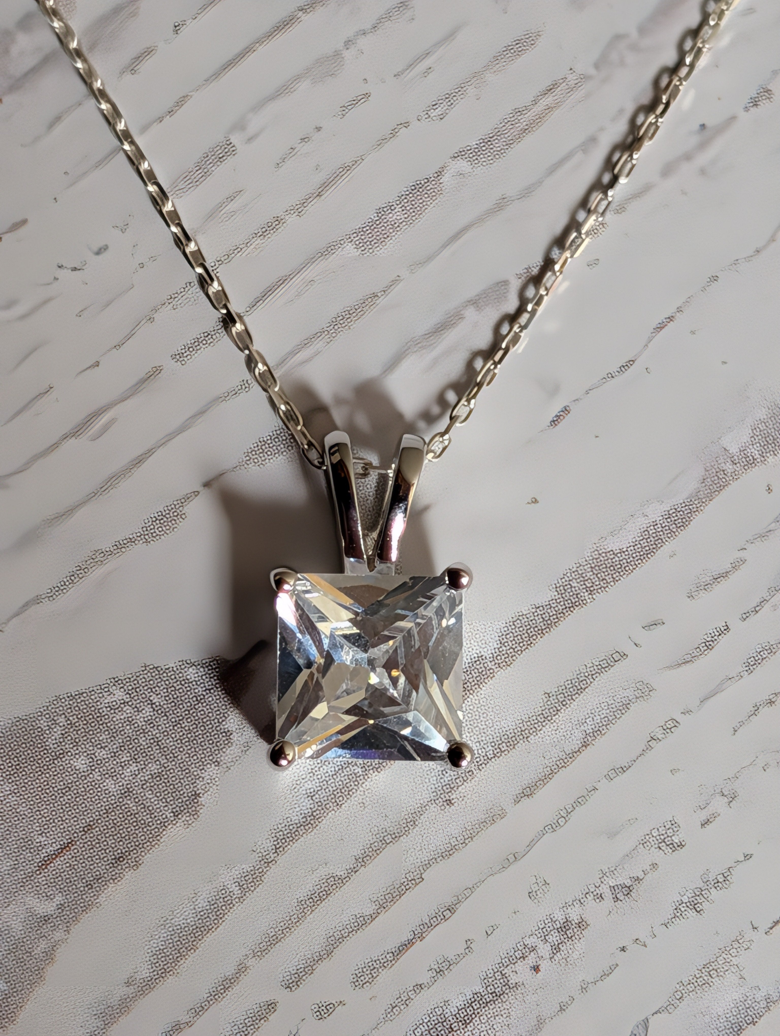 Square Shaped CZ Pendant On Sterling Silver Necklace
