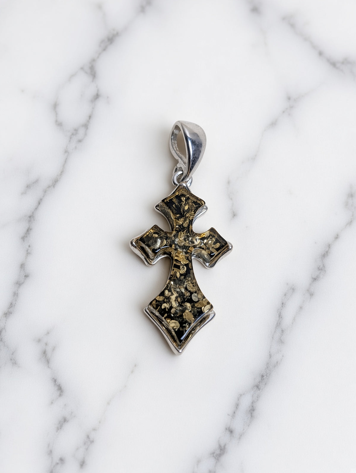 Handmade Cross Shaped Dark Honey Cognac Cabochon & Sterling Silver Pendant