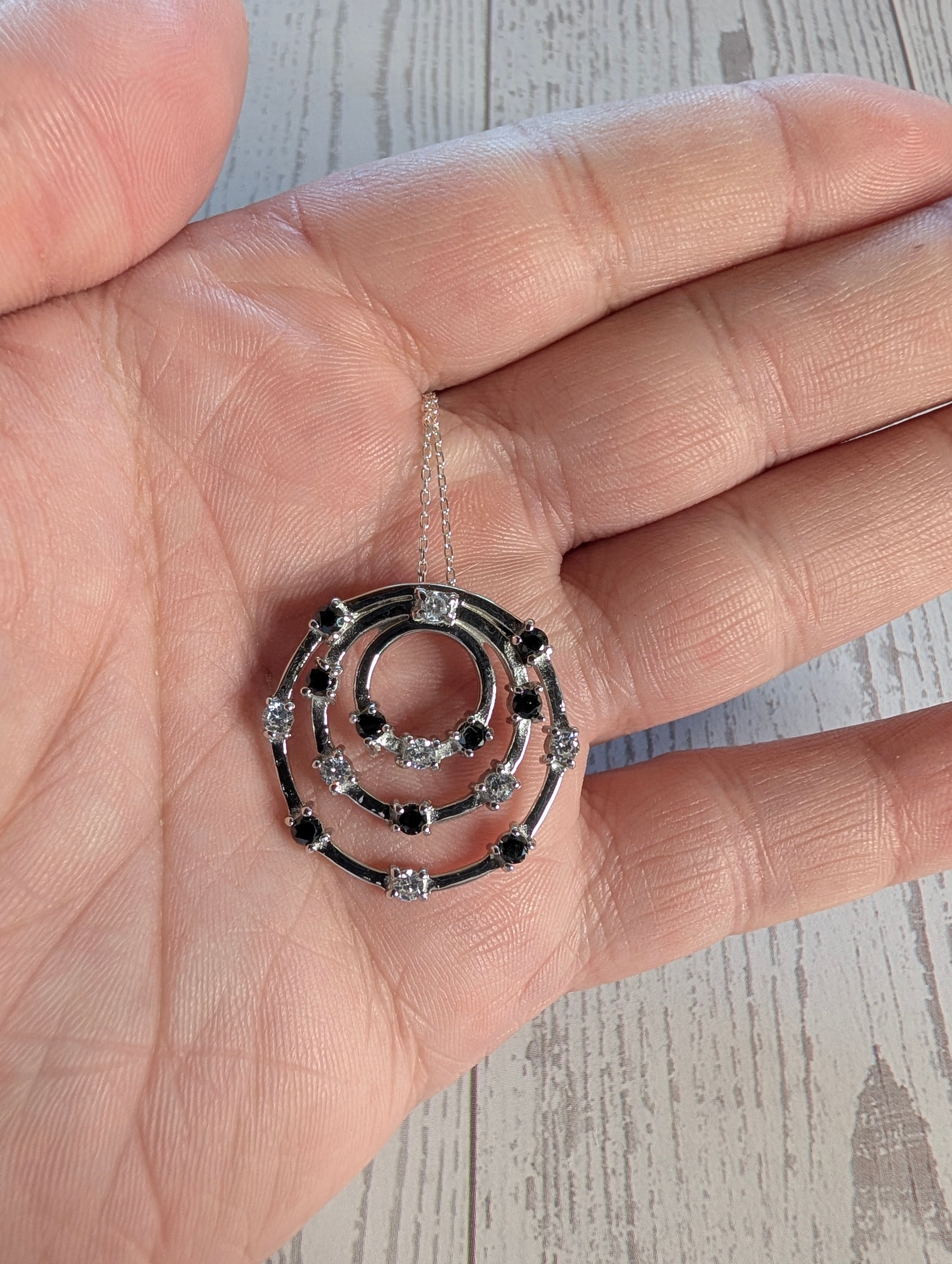 Sterling Silver Black CZ Three Circle Pendant Necklace