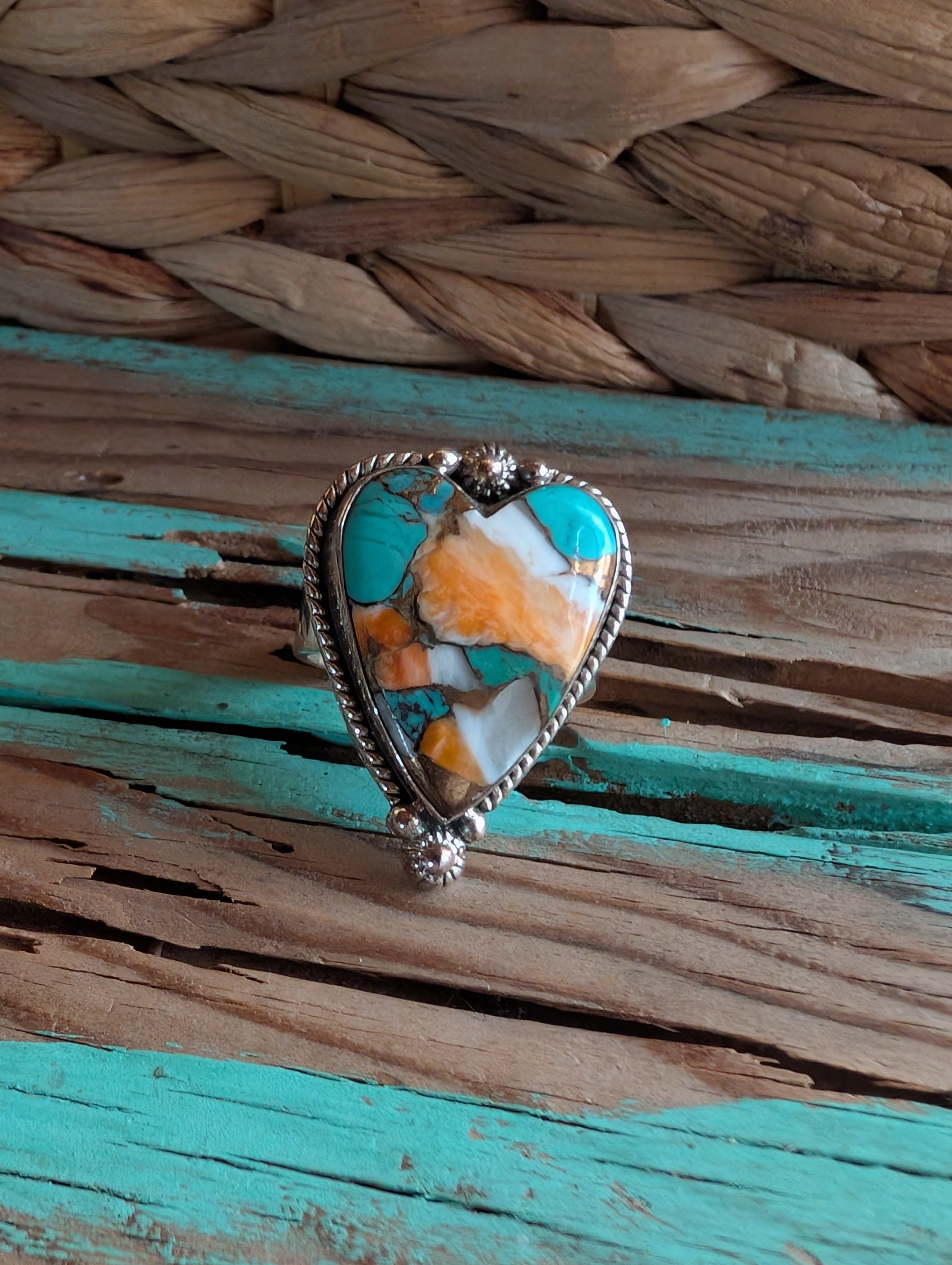 Orange Spiny Turquoise Heart Shaped Sterling Silver Adjustable Ring