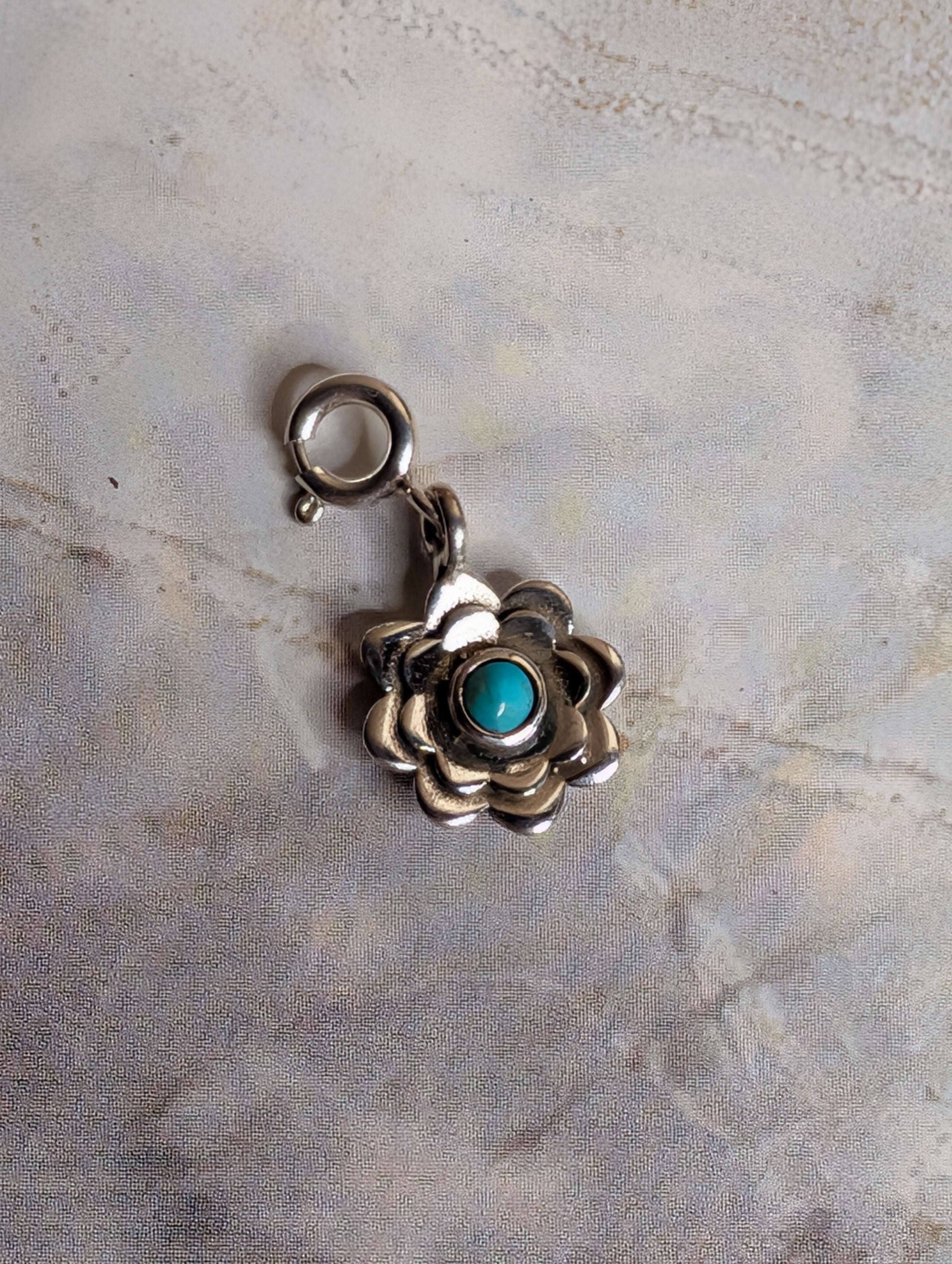 Sterling Silver Southwestern Style Flower Charm With Turquoise