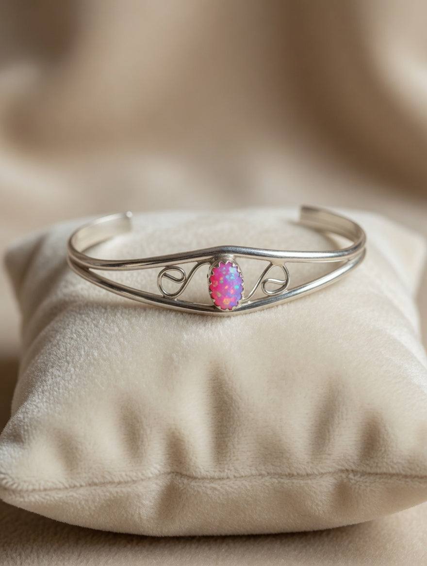 Handcrafted Sterling Silver Fire Pink Opal Kid's Cuff Bracelet –  Swirl Design