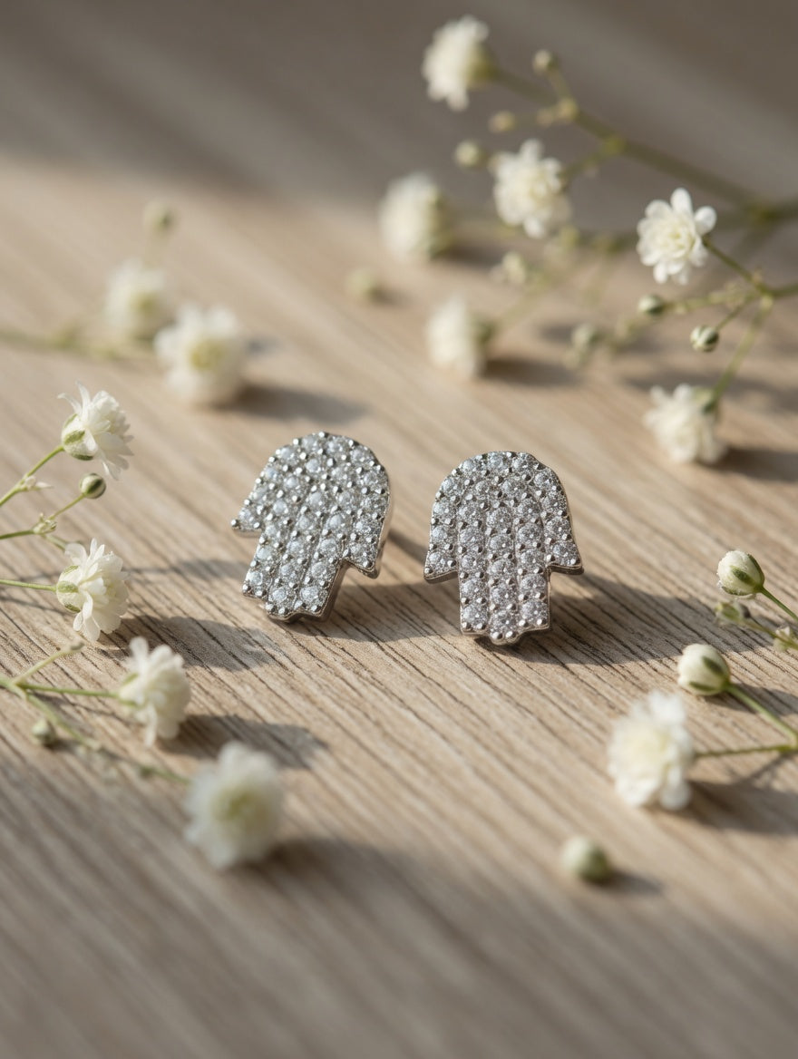 Sterling Silver CZ Hamsa Hand Of Protection Earrings