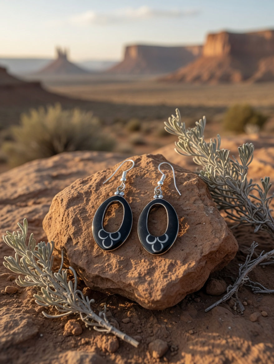 Southwestern Black Onyx Oval Dangle Earrings