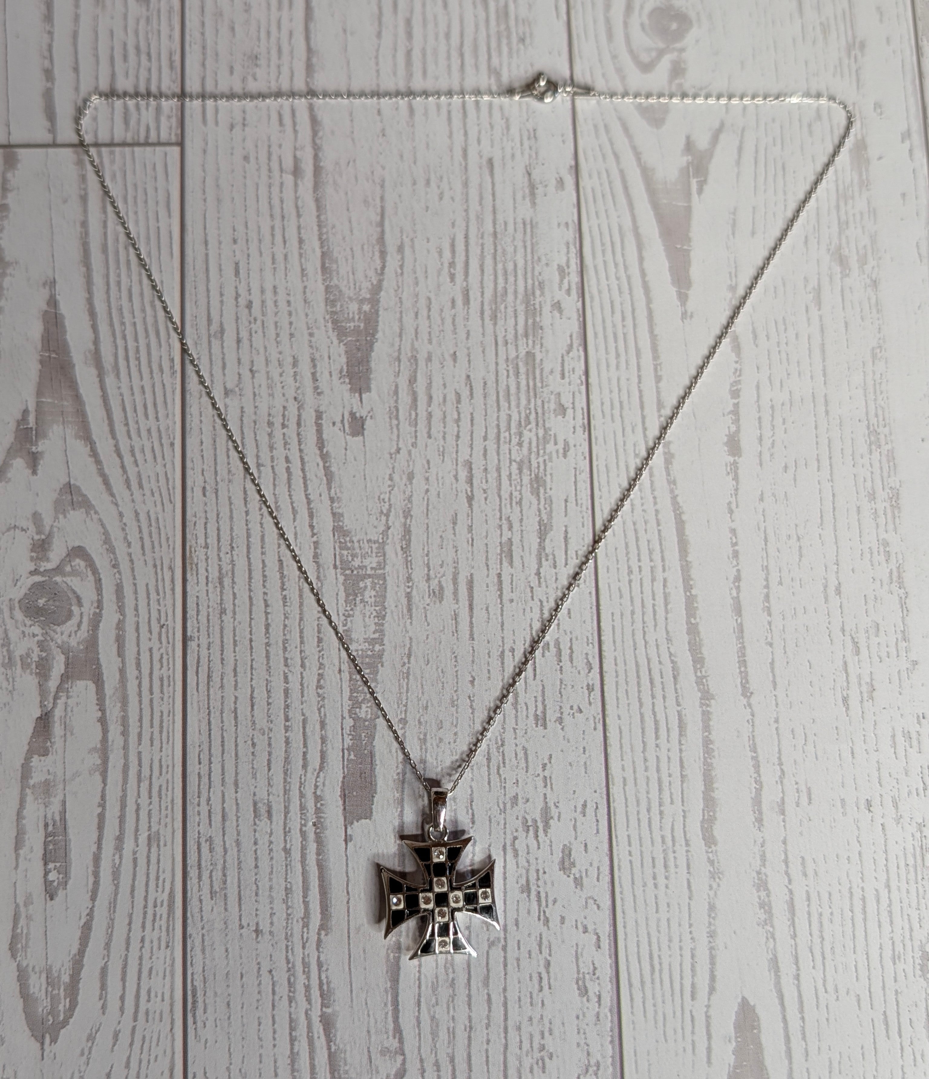 Sterling Silver Black Enamel Inlay Maltese Cross Pendant Necklace