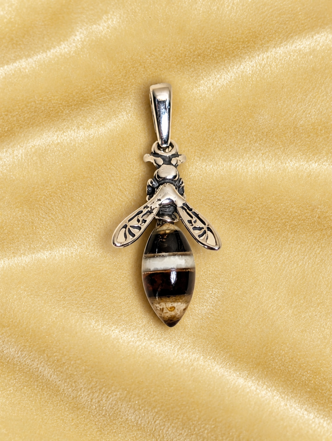 Handmade Bee Honey Cognac Cabochon & Sterling Silver Pendant