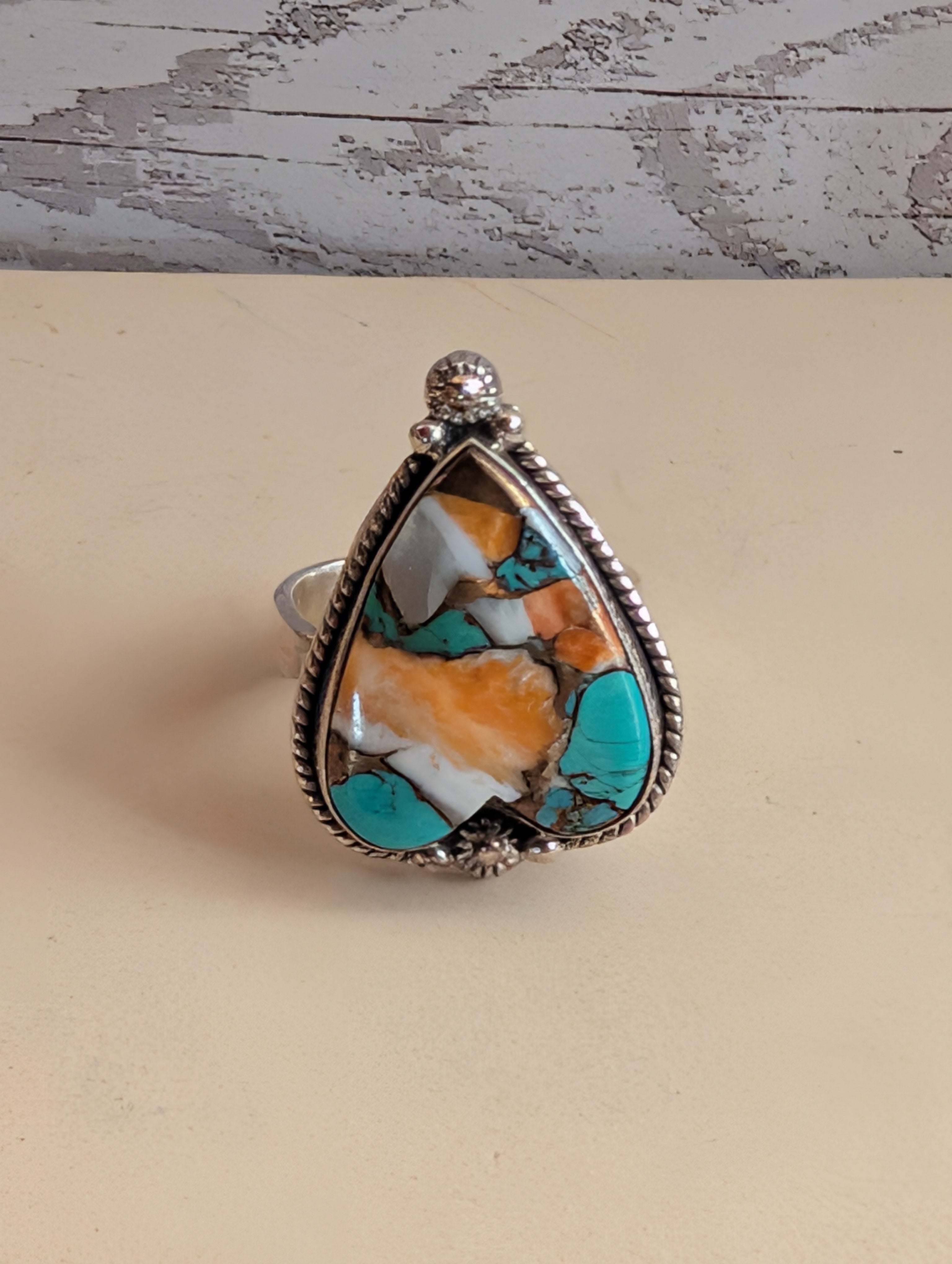 Orange Spiny Turquoise Heart Shaped Sterling Silver Adjustable Ring