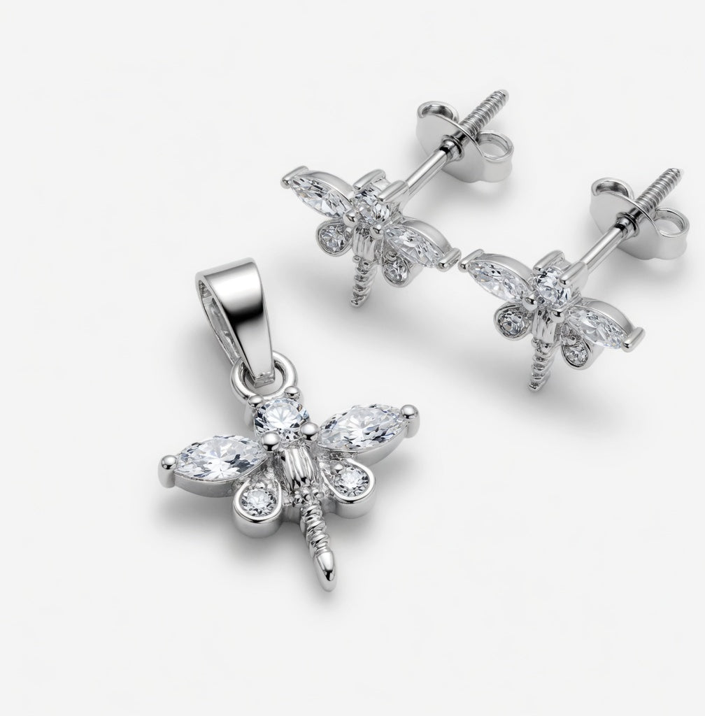 Sterling Silver CZ DragonFly Earrings & Pendant Jewelry Set